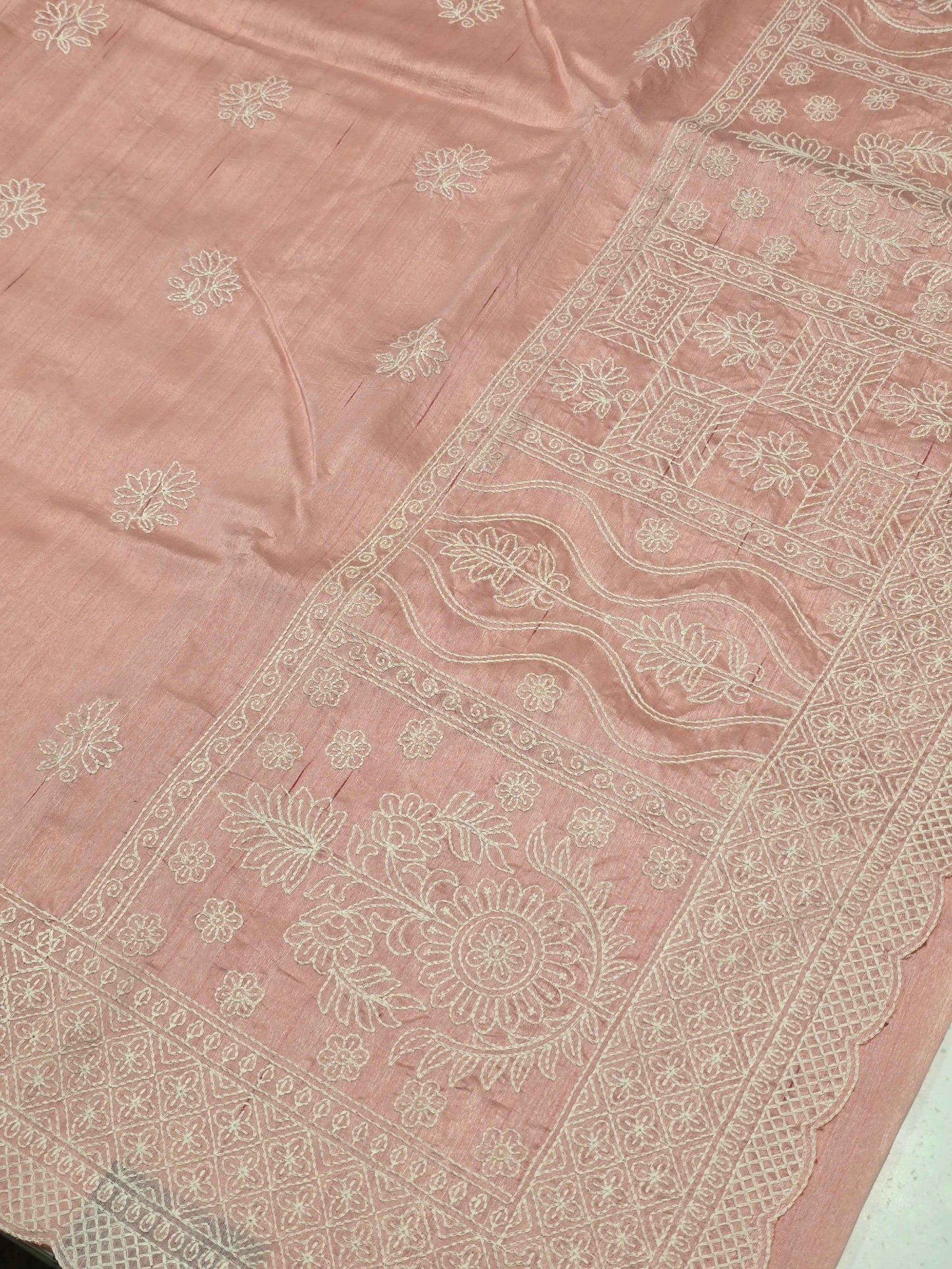 Baby Pink Tussar Jute Saree with Embroidery