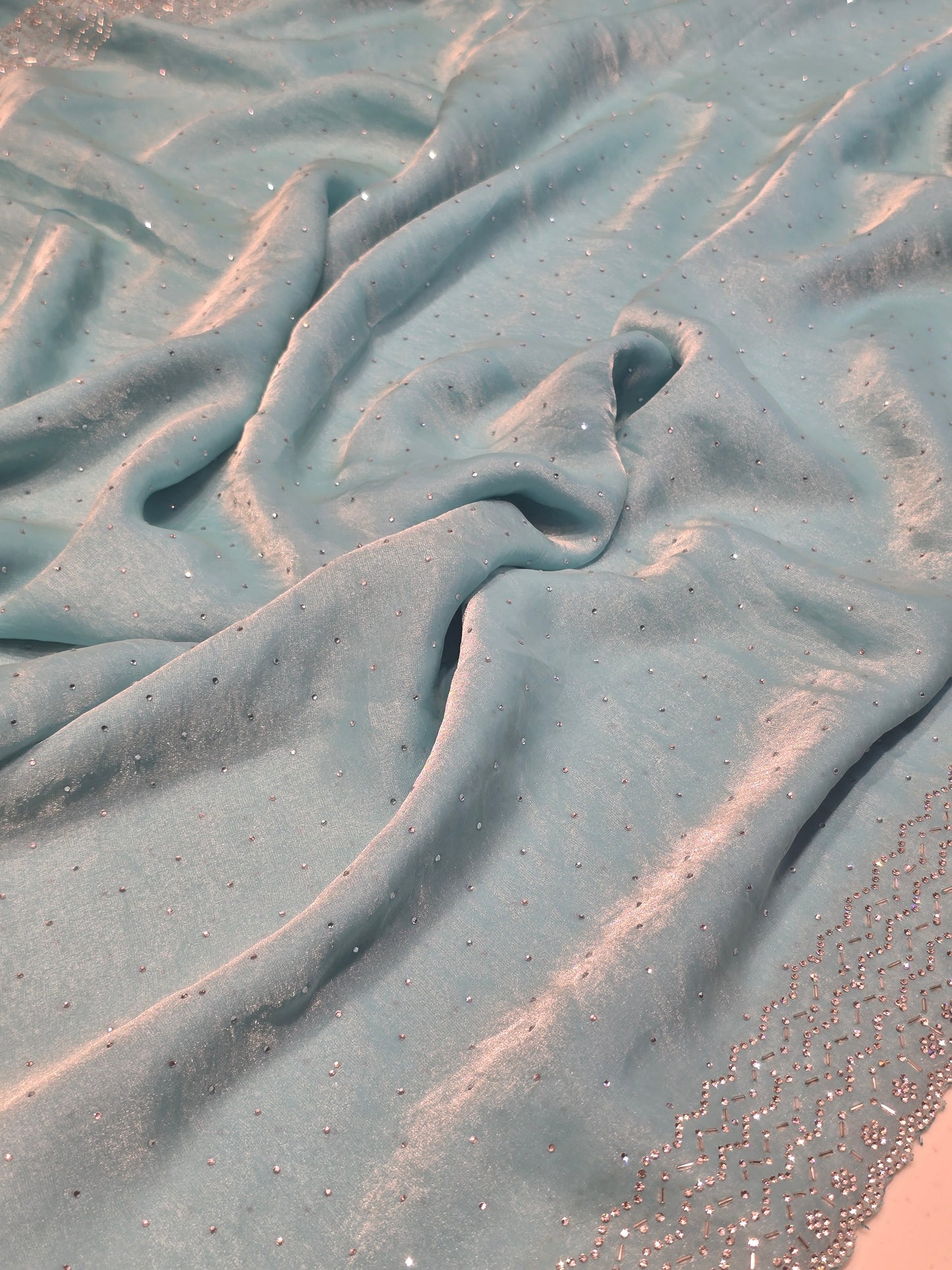 Organza Saree with Jharkhand Stone Work Across the Body | Sky Blue Self-Work Blouse | Party Wear