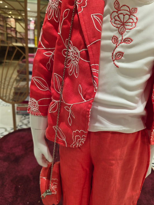 Linen Cotton Light Orange Coat Set with Embroidery Jacket, Puff Sleeves & Sling Bag (3-Piece Set)