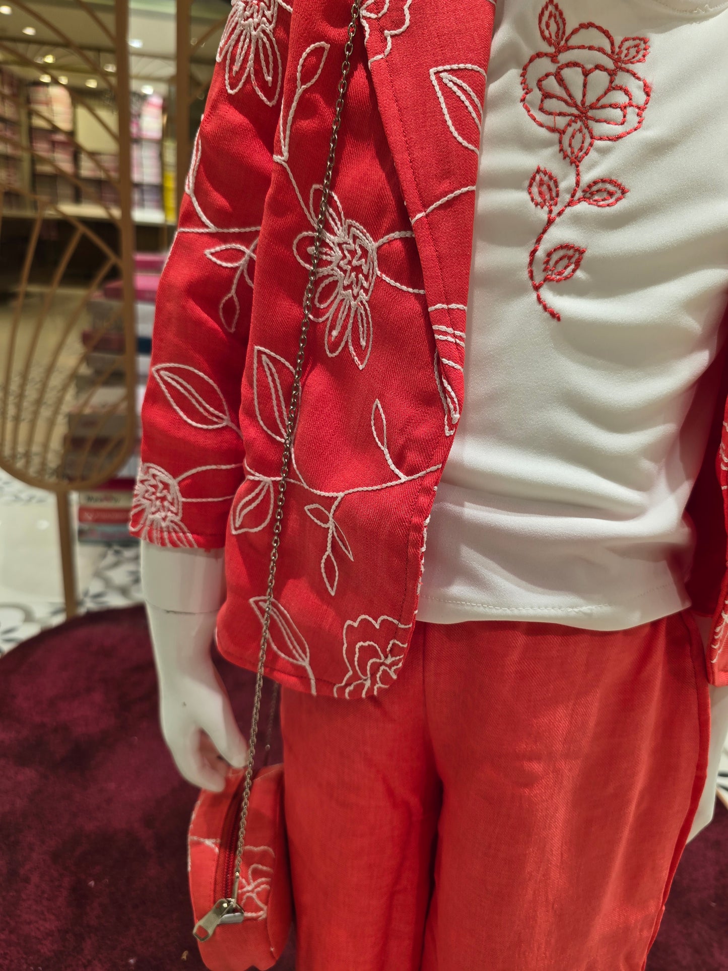 Linen Cotton Light Orange Coat Set with Embroidery Jacket, Puff Sleeves & Sling Bag (3-Piece Set)