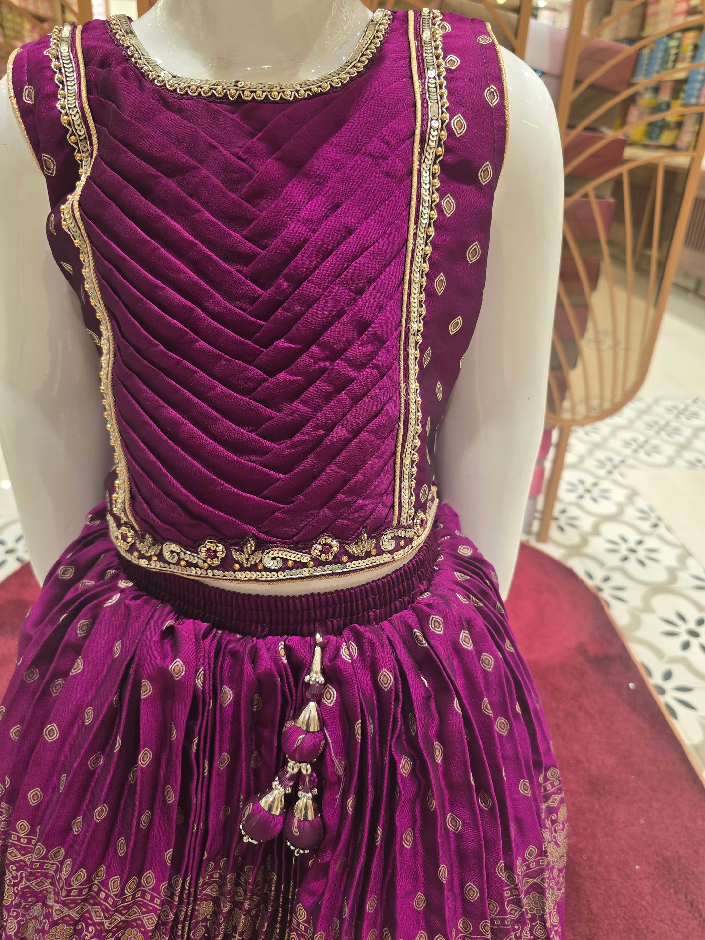 Girls Magenta Shiffon Traditional Skirt & Top Set – Handwork Neck & Waist Ethnic Wear (2pcs)