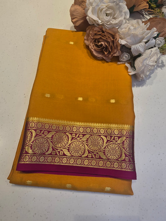 Pure Mysore Crepe Silk Saree with Butta Design and Traditional Zari Border | Lightweight Festive & Wedding Wear Saree