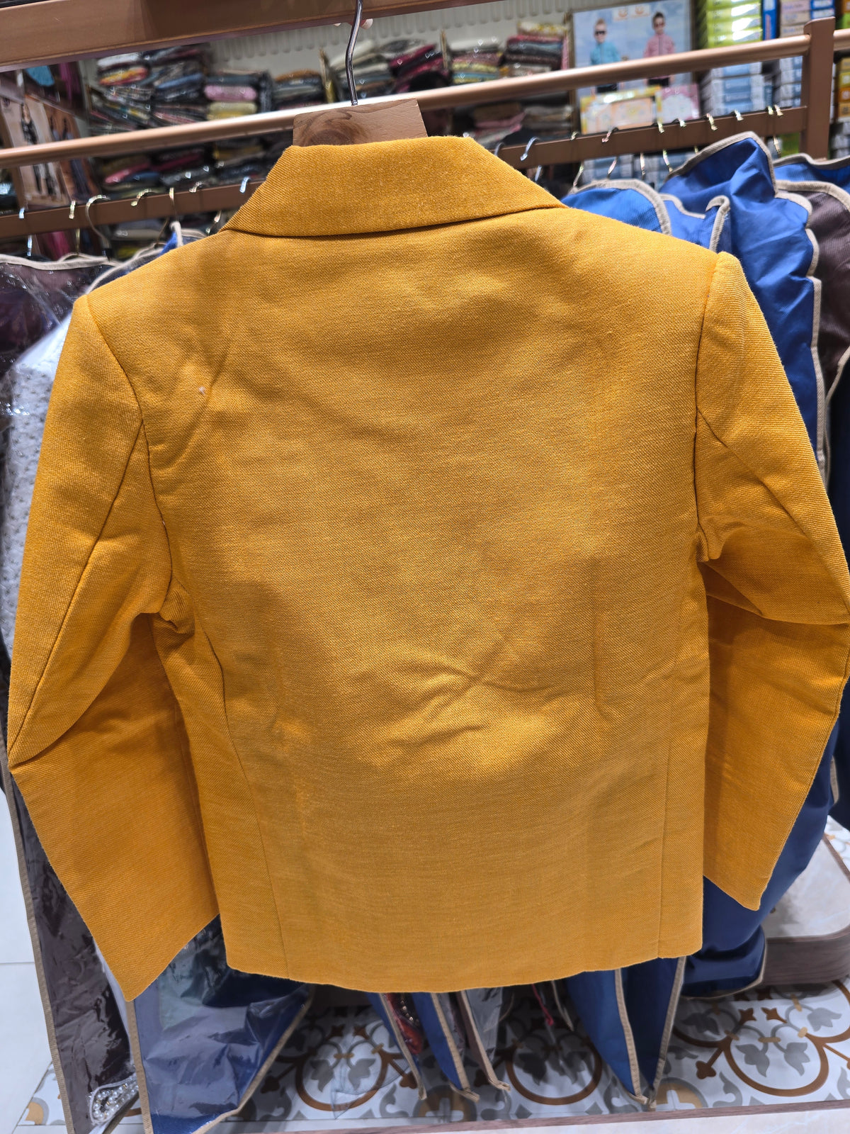 Boys Lenin Cotton Blazer Set in Yellow with Pocket Design and Printed Black T-Shirt for Summer Party and Casual Wear
