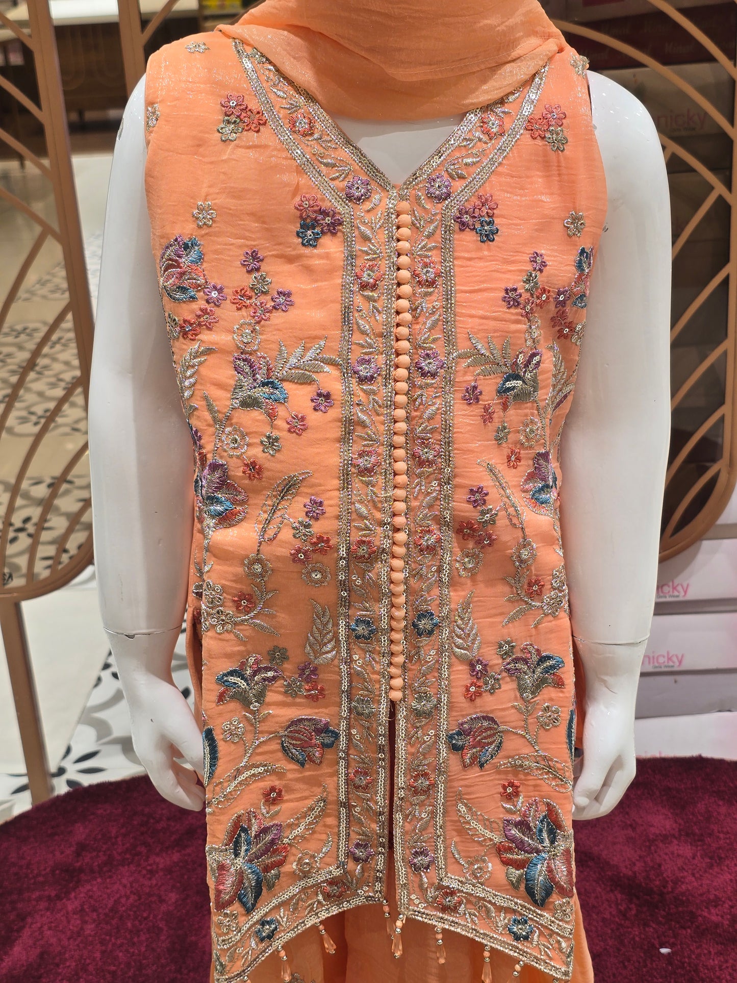 Girls Peach Crepe V Neck Sharara Set
