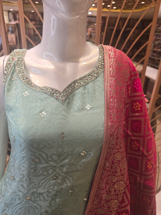 Pista Green Tissue Silk Party Wear Set for Women with Position Prints & Sequin Thread Handwork on Square Neck