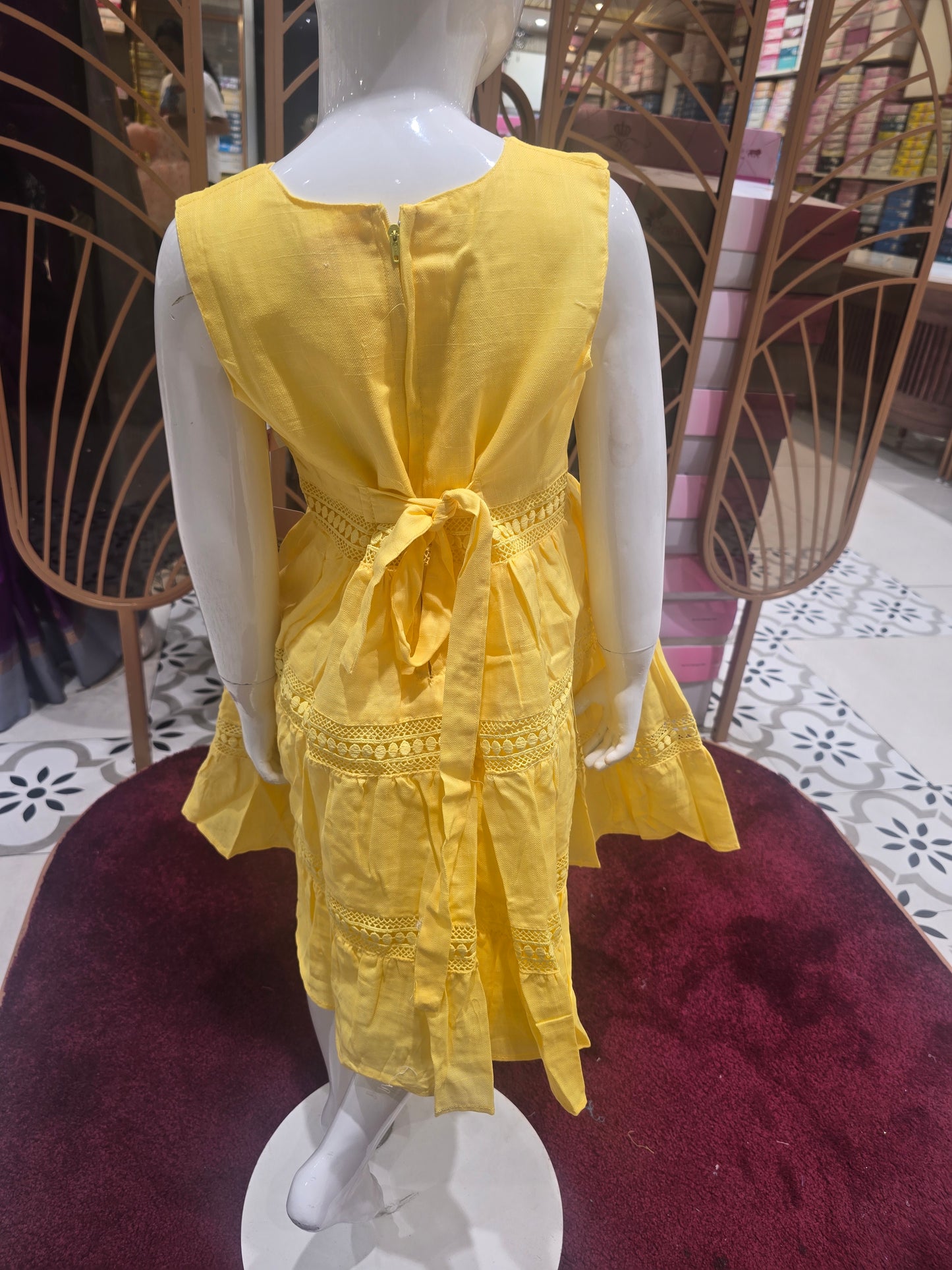 Linen Cotton Short Frock for Girls with Step Cutwork Design & Floral Appliqué – Sleeveless Casual Wear