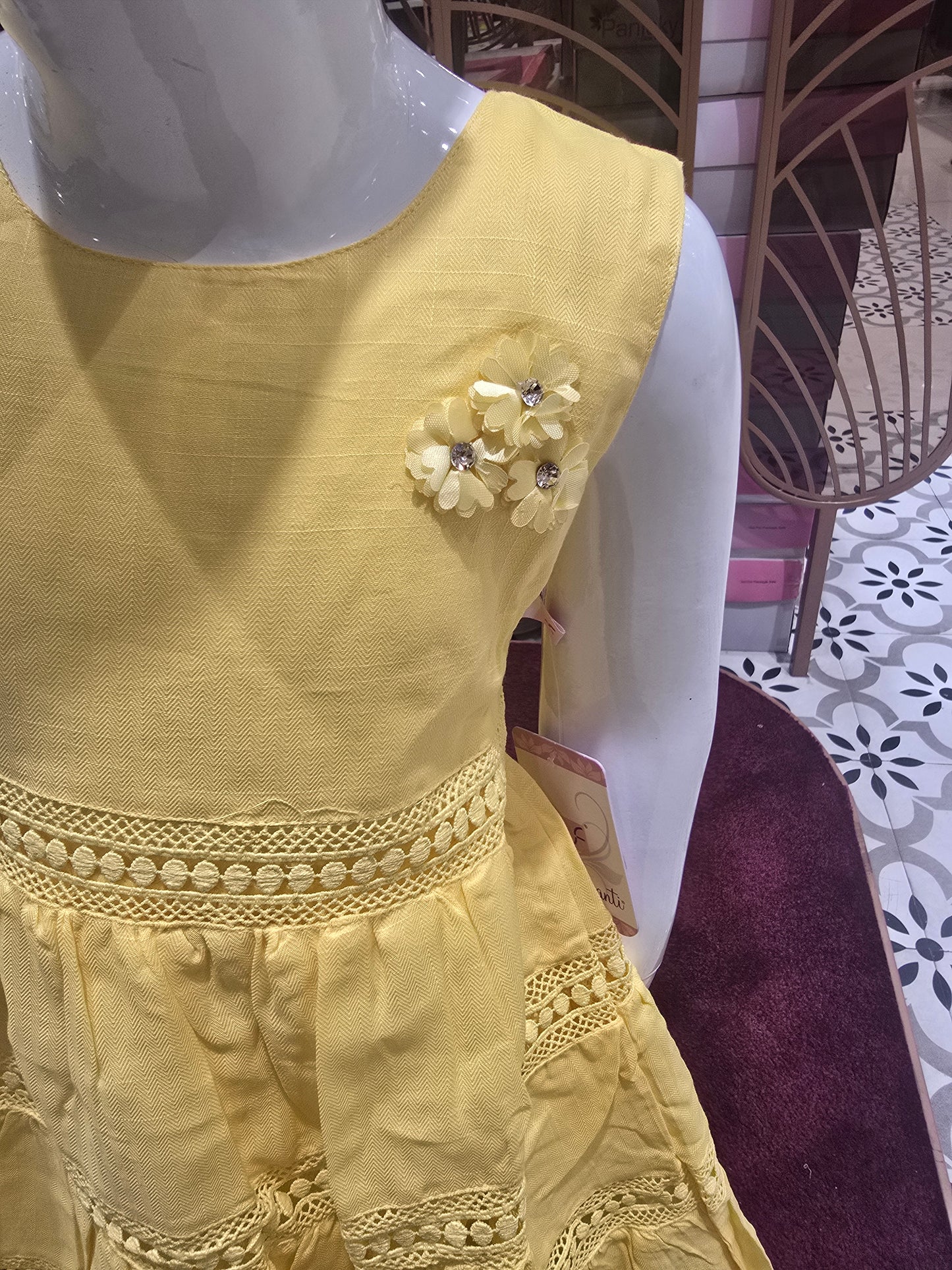 Linen Cotton Short Frock for Girls with Step Cutwork Design & Floral Appliqué – Sleeveless Casual Wear