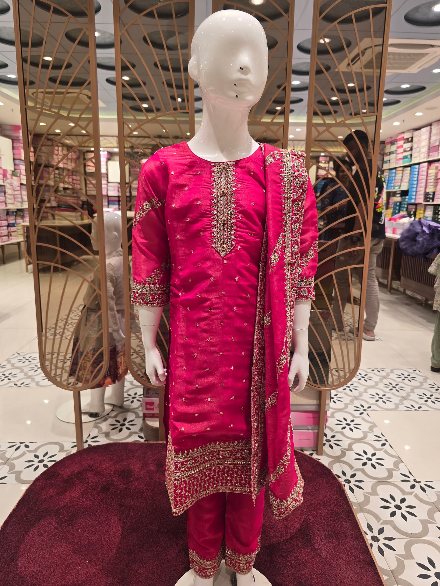 Girls Tissue Silk Ethnic Chudidar Set in Orangish Pink with All-Over Zari Embroidery and Straight Cut Bottom for Festive and Traditional Occasions