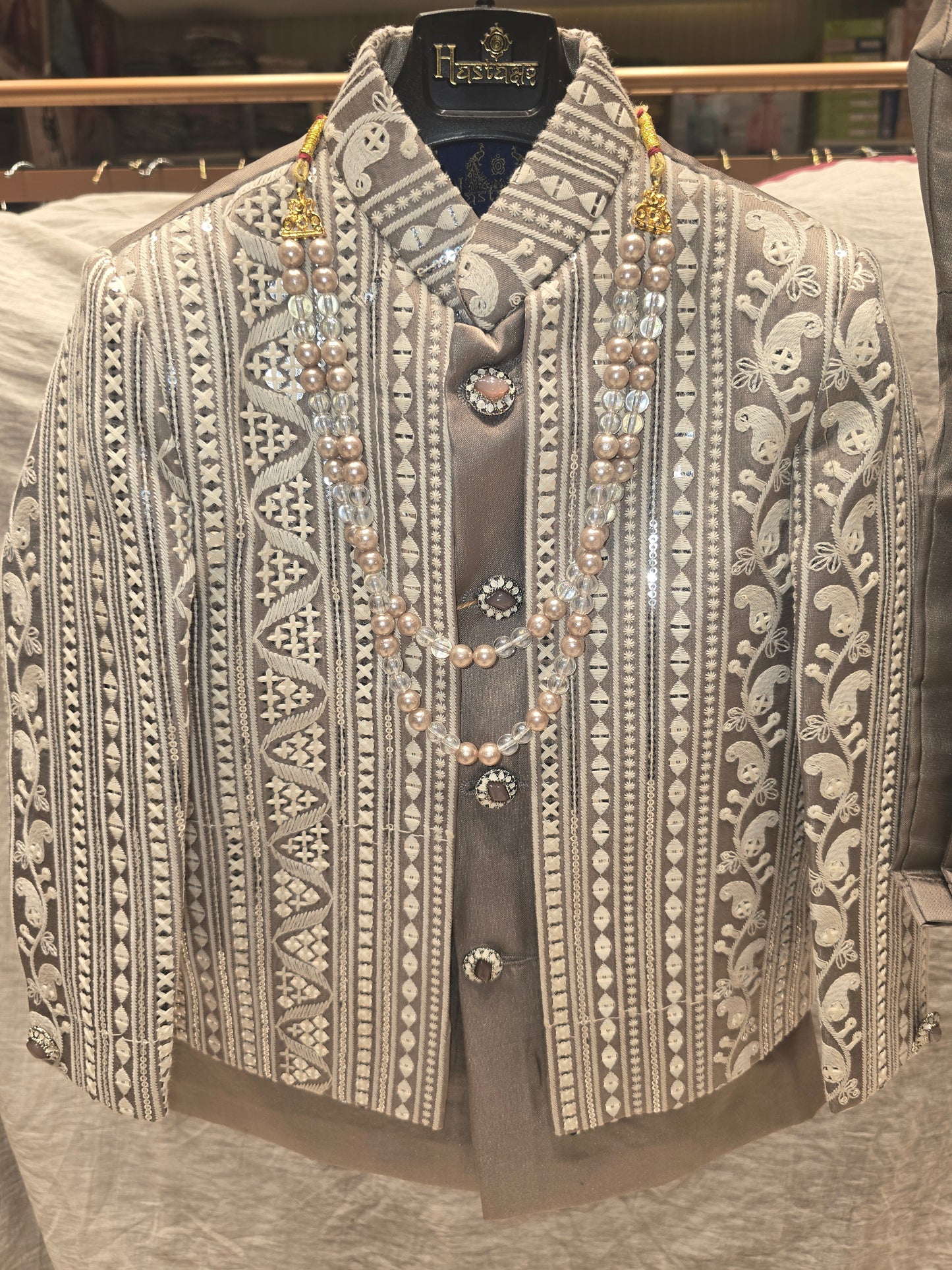 Boys Grey Dupion Silk Indo-Western Set with White Embroidered Jacket and Mala