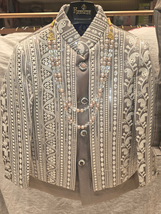 Boys Grey Dupion Silk Indo-Western Set with White Embroidered Jacket and Mala
