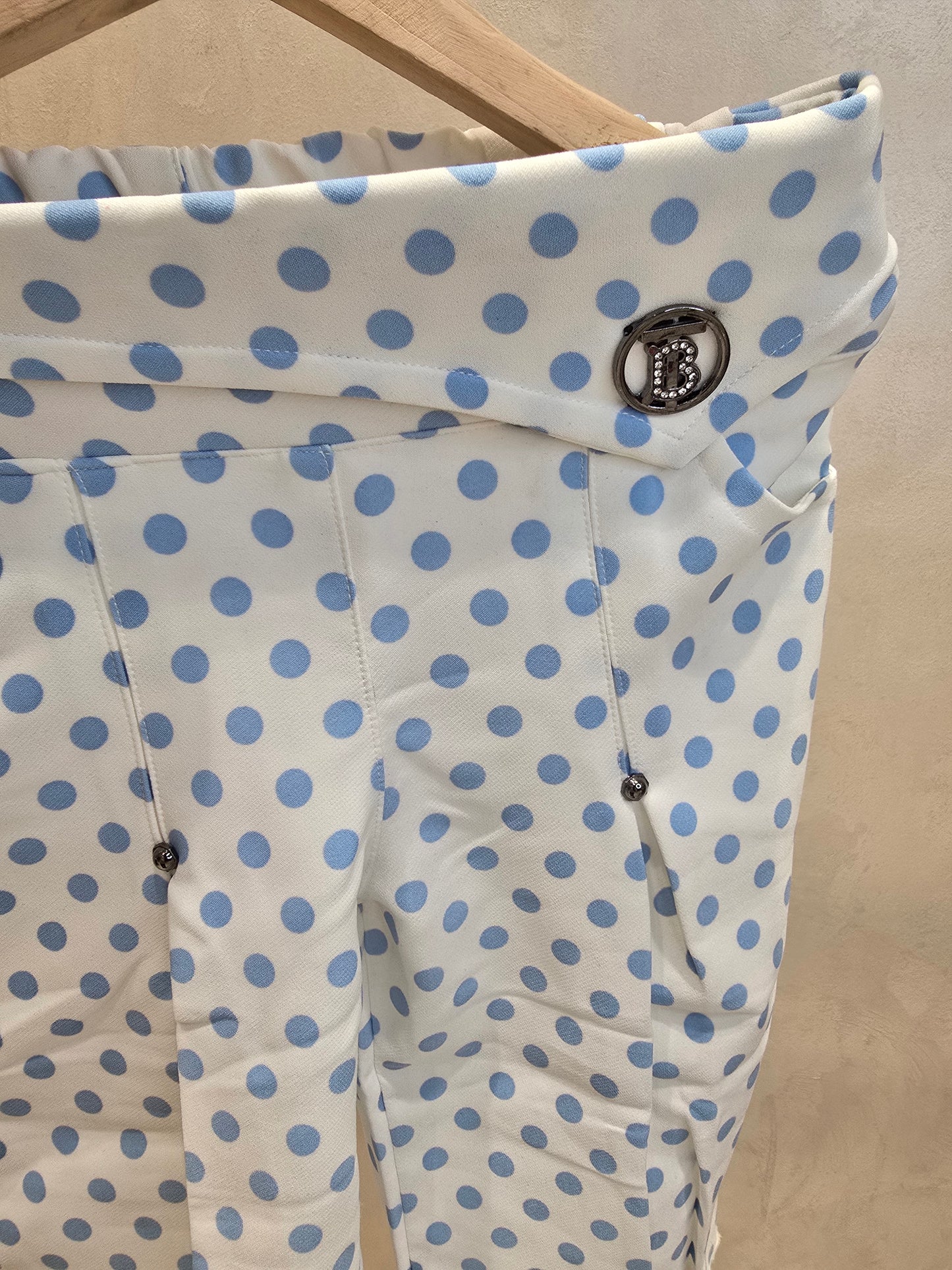 Girls Satin Capri Pant in White Base with Sky Blue Polka Dot Print and Stylish Left Side Logo for Summer Casual Wear