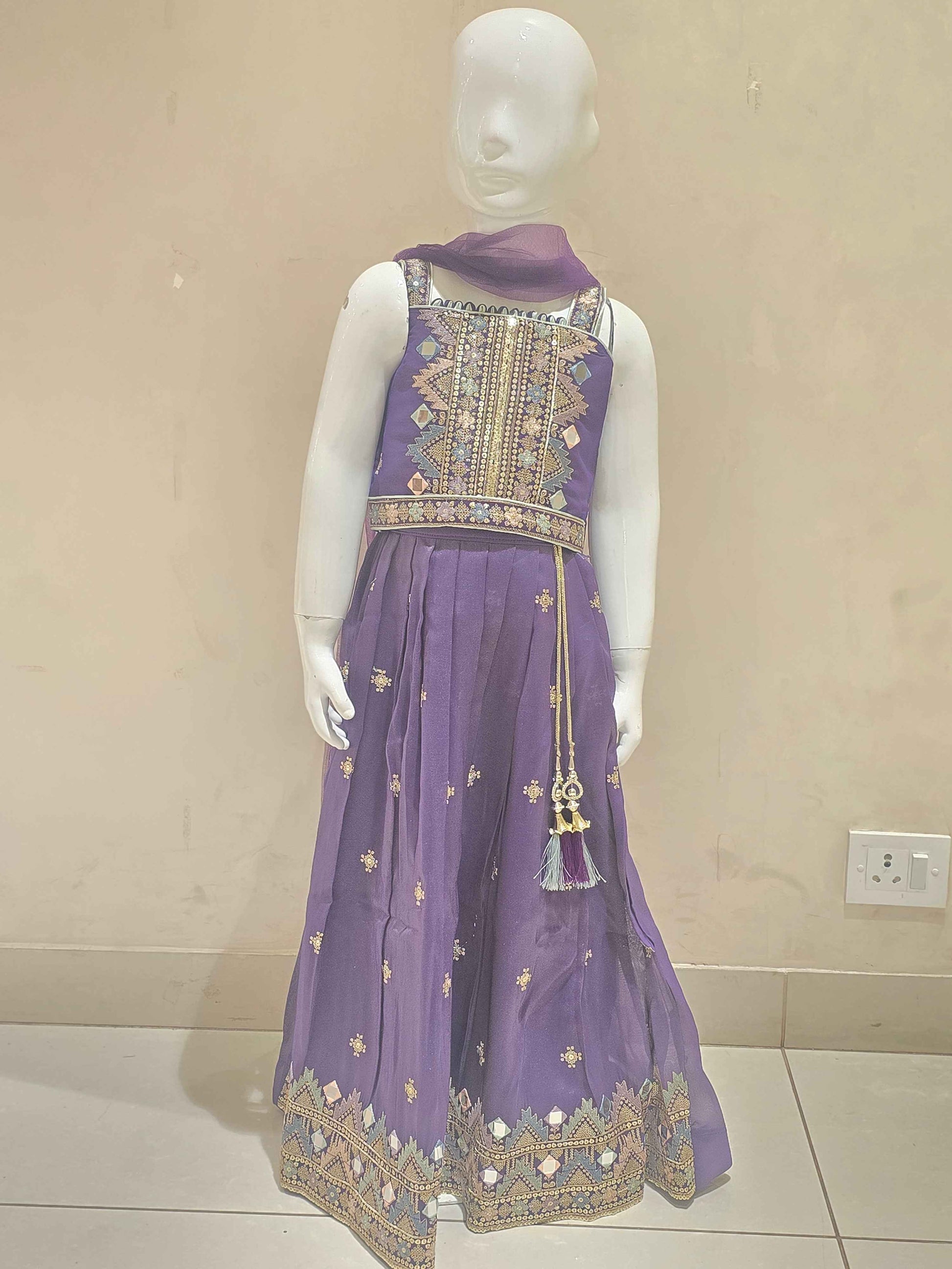Purple Shimmer Ghagra Choli Speghetti Sleeves for Girls