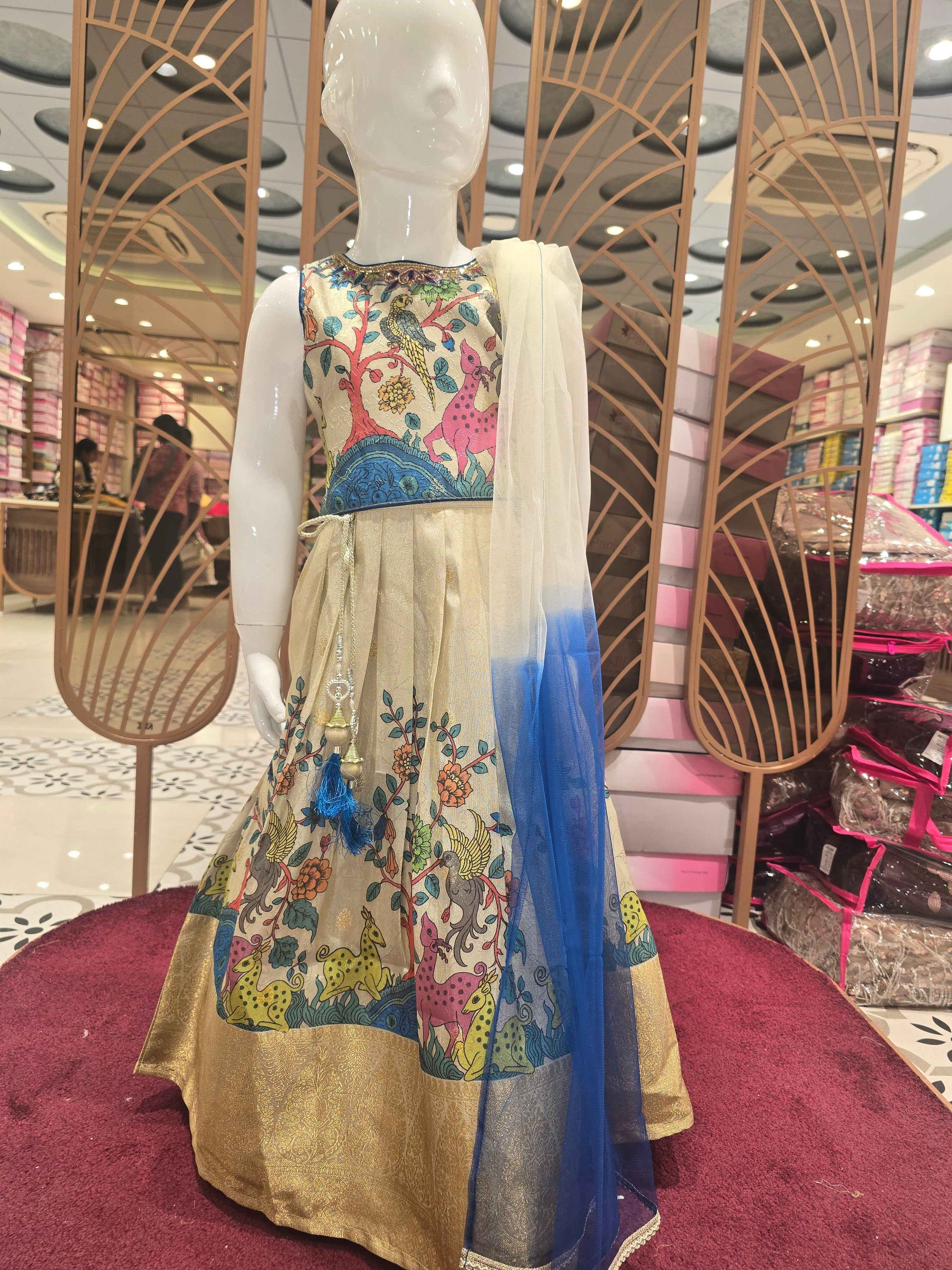 Banarasi material cream colour traditional kalamkaari gaghra with  beats work on round neck