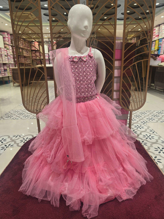 Knitted material baby pink colour traditional wear with sequence work,peghetti shoulder and Step by step gaghra