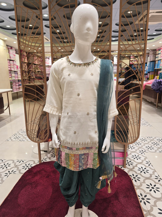 Girls Tissue Silk Shiffon Patiala Set in White with Embroidery and Mirror Work Round Neck Top and Sequins Work Bottom for Festive and Traditional Occasions
