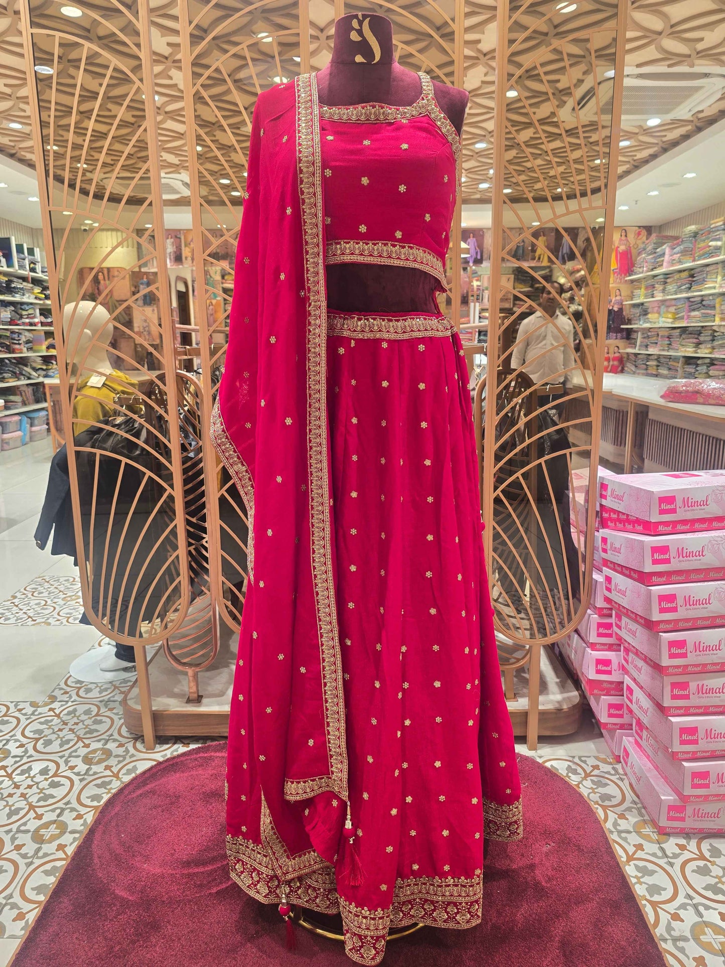 Women Rani Pink Crepe Lehenga Set