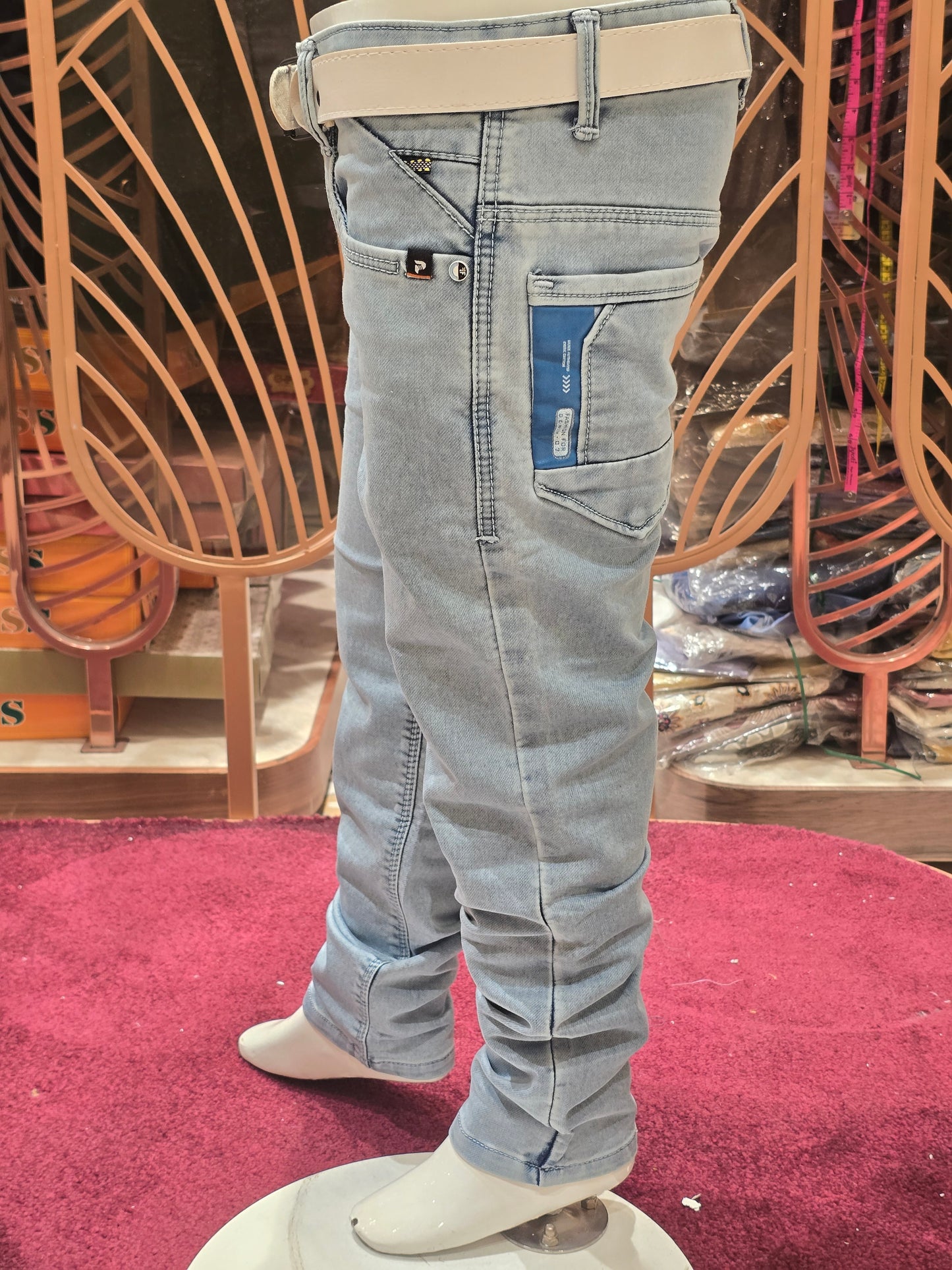 Eye Blue Silky Denim Jeans for Boys with Four Pocket Design and Round Elastic Waistband