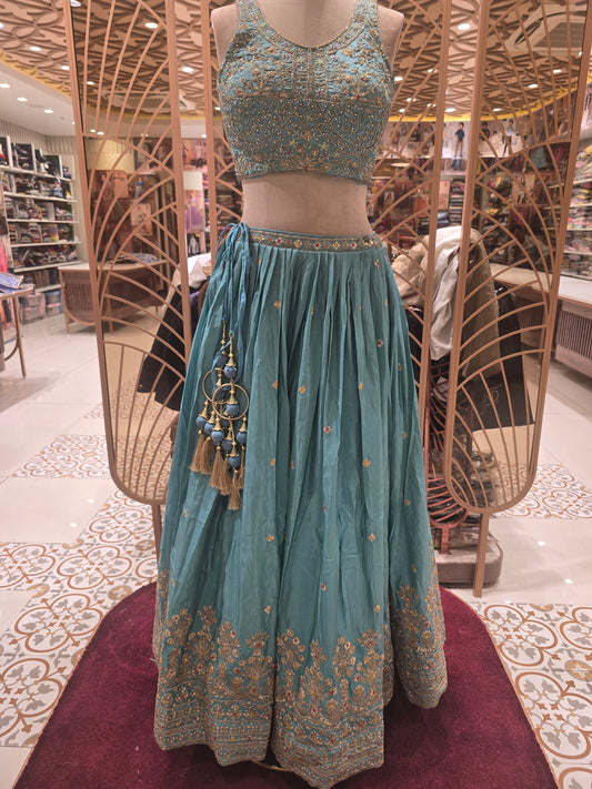 Sky Blue Tissue Lehenga with Stone & Zari Embroidery Work | Sleeveless Blouse & Shining Tissue Dupatta