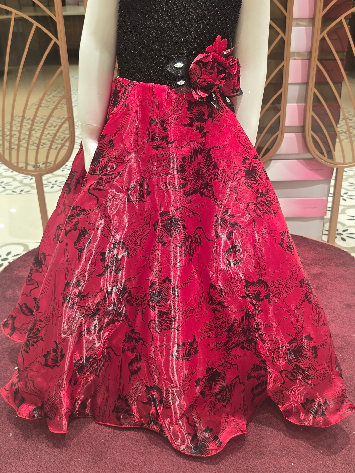 Girl Red Black Printed Satin Party Wear Gown