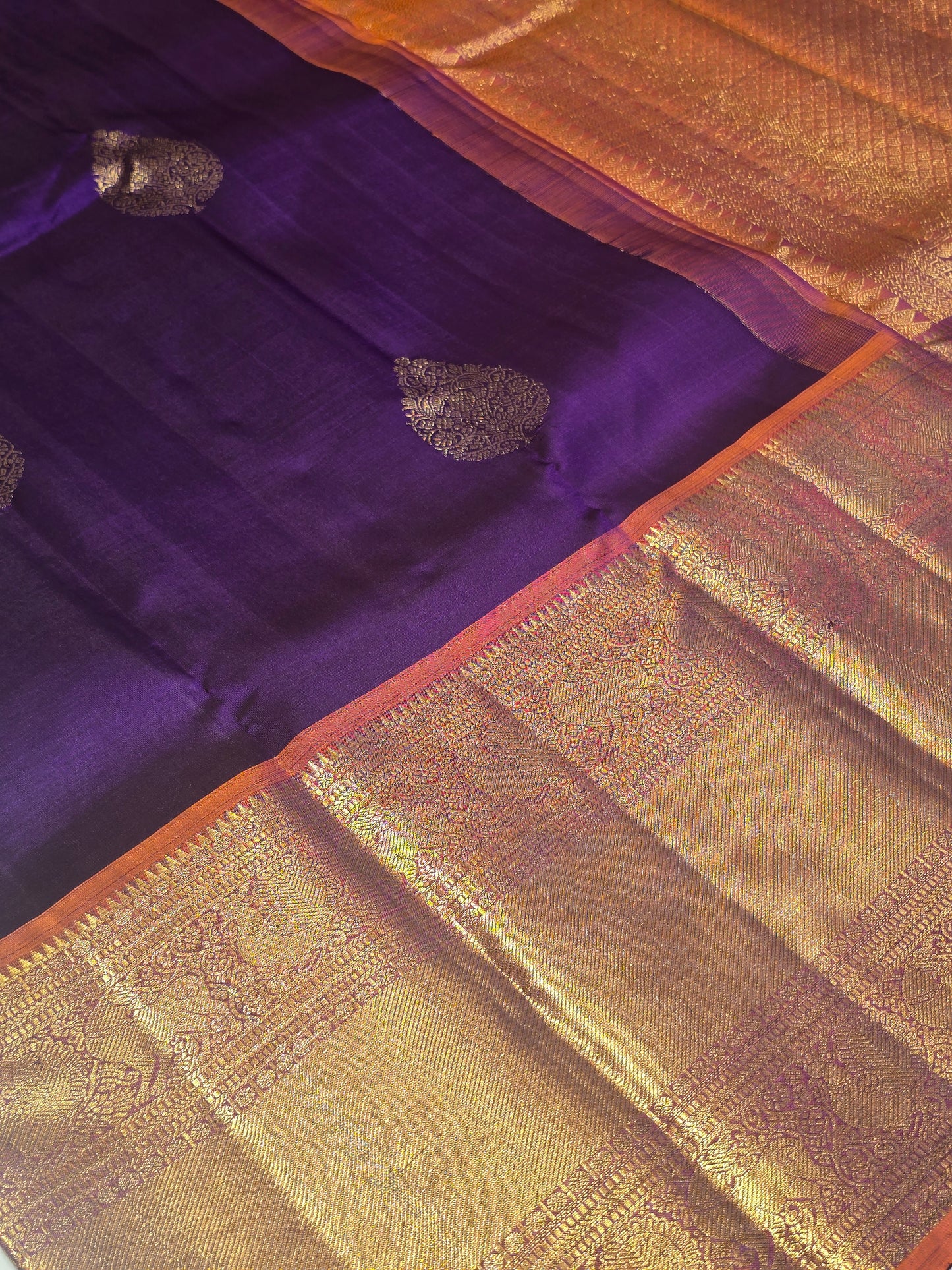 Handloom Pure Kanjivaram Silk in Purple with Contrast Border, Leaf Butta, Rich Pallu & Long Traditional Border – Wedding Wear Saree