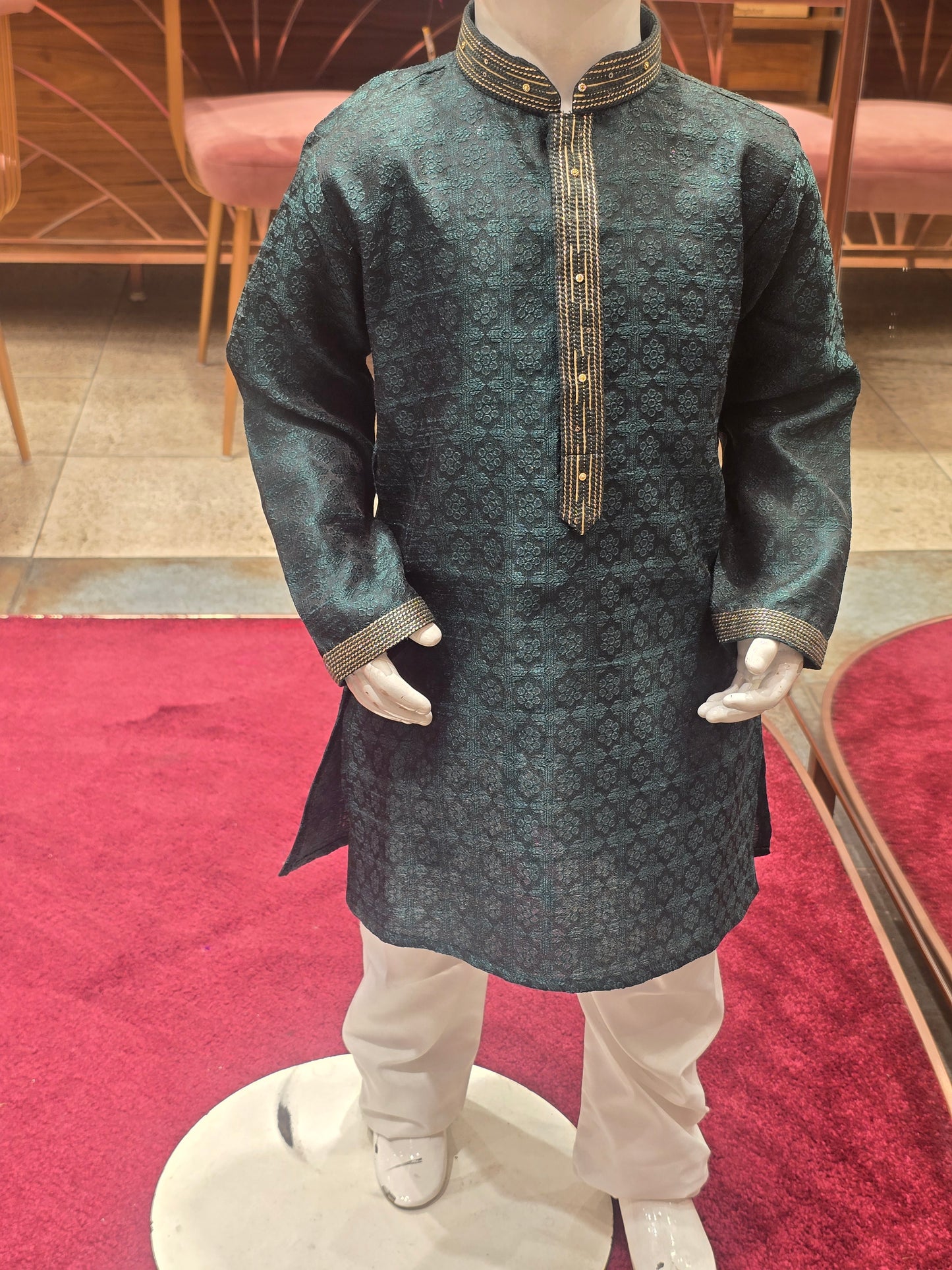 Chanderi silk material bottle green color kurta set wuth color neck