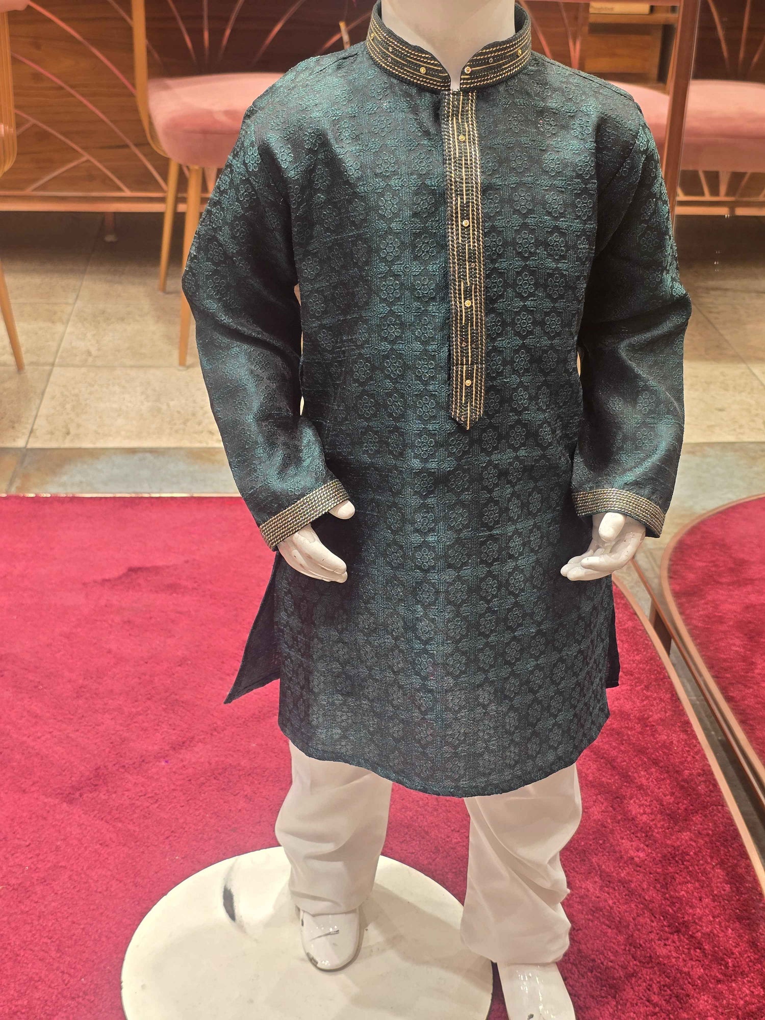 Chanderi silk material bottle green color kurta set wuth color neck