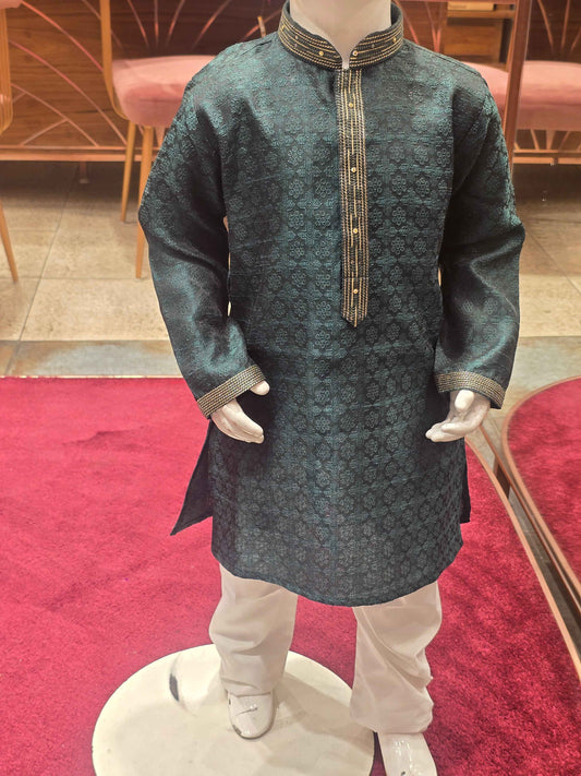 Chanderi silk material bottle green color kurta set wuth color neck
