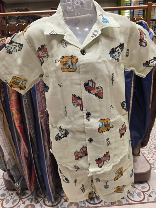 Boys Cotton Capri Set in White Base with Cartoon Vehicle Printed Shirt and Shorts for Summer Casual Wear
