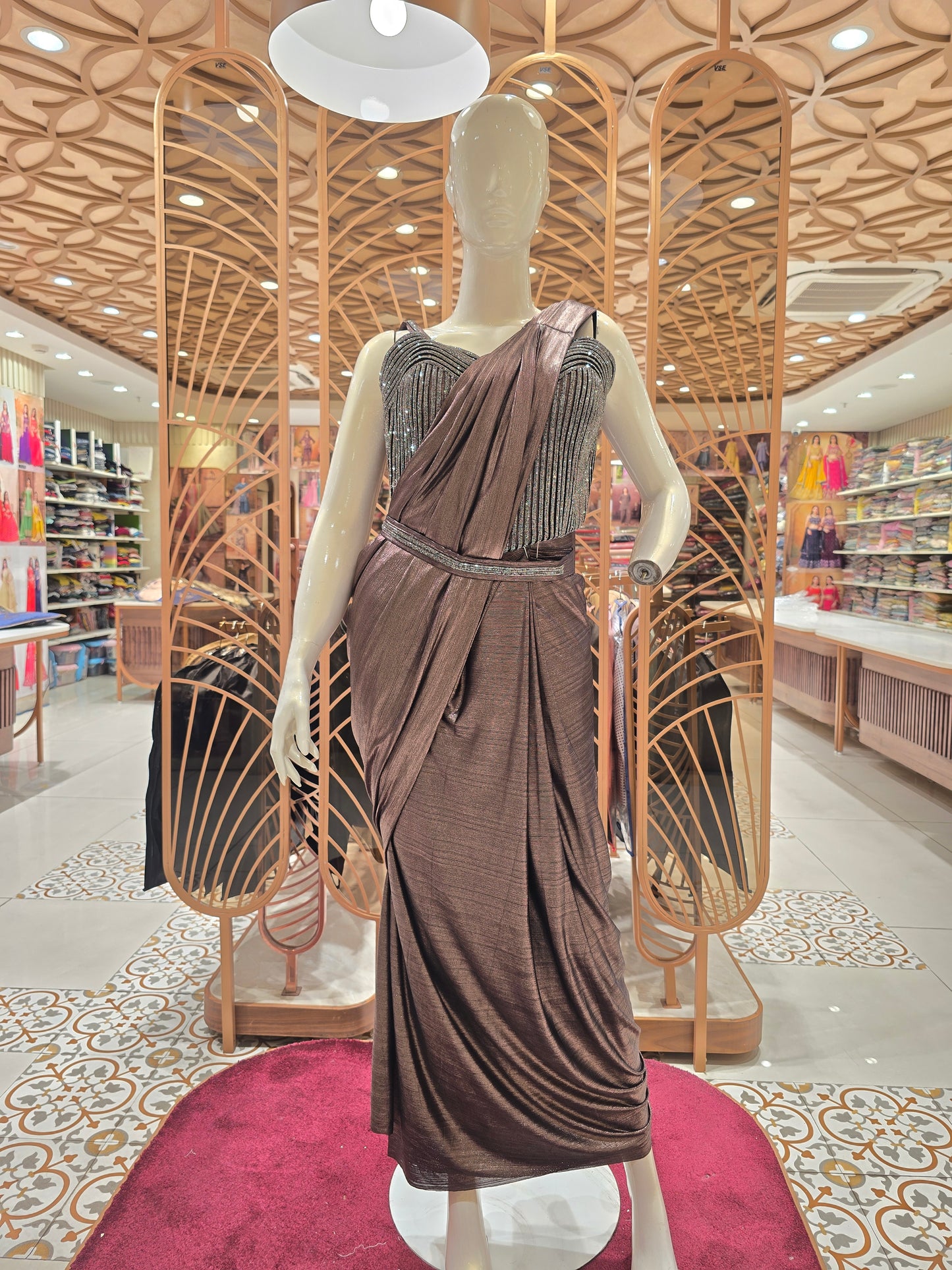 Gray Cream Satin Ready-to-Wear Saree