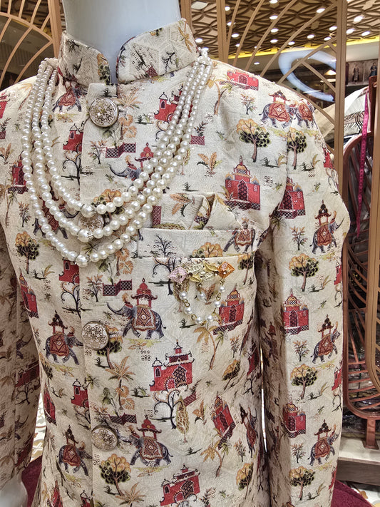 Cream Base Jakhad Fabric Digital Banarasi Printed Indo-Western Set with Micro Sequin Work, Brooch & Maala