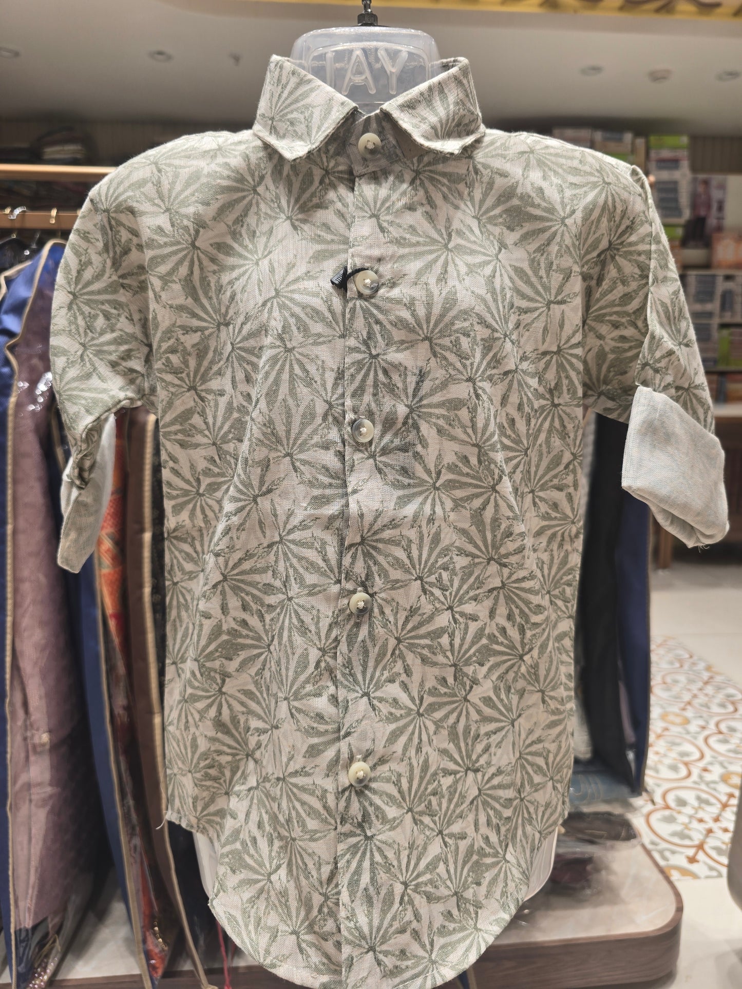 Cream Cotton Shirt for Boys with Green Leaf Print, Full Sleeves and Summer Casual Comfort