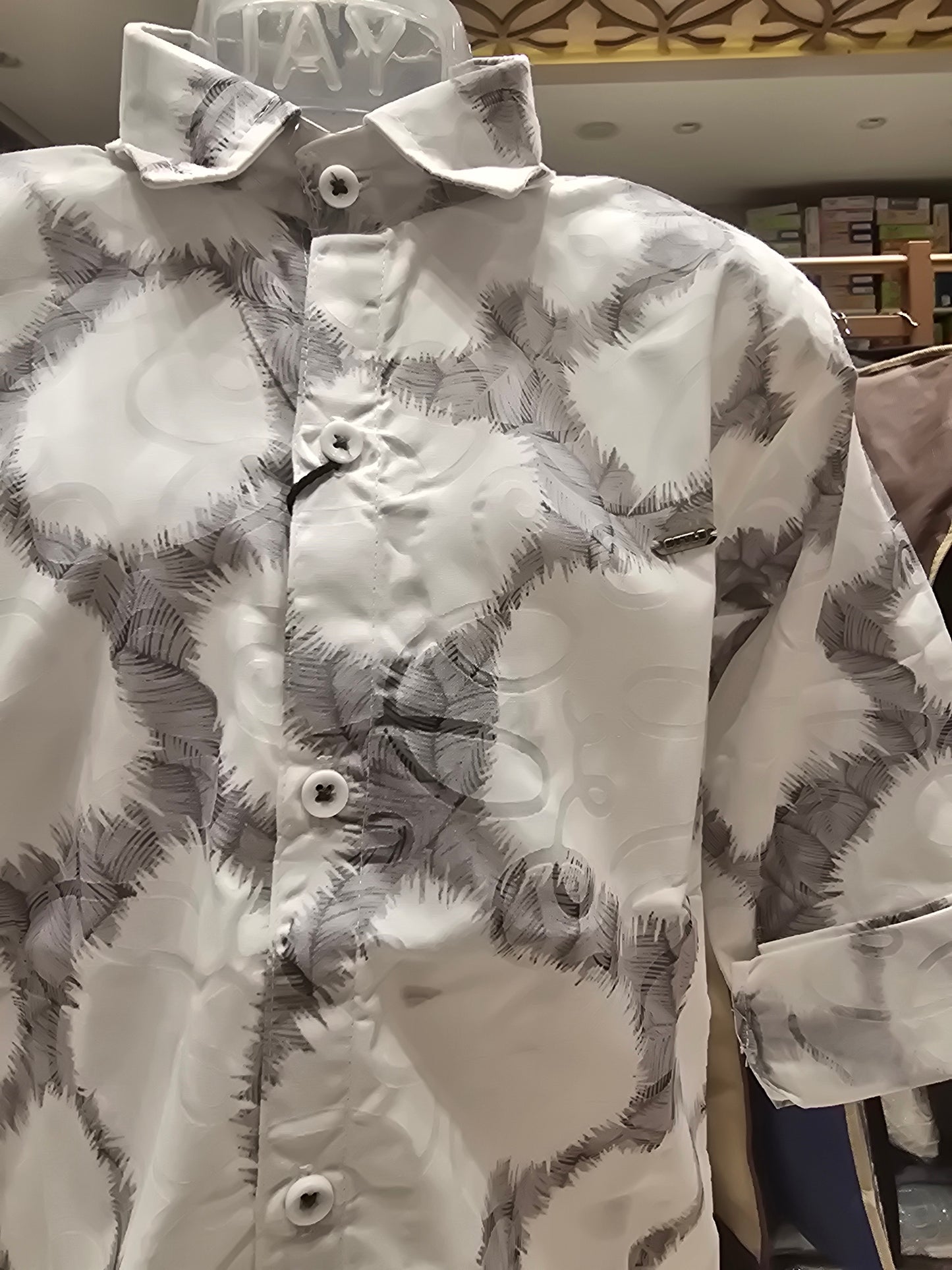 White Cotton Shirt for Boys with Grey Printed Design, Full Sleeves and Classic Collared Neck
