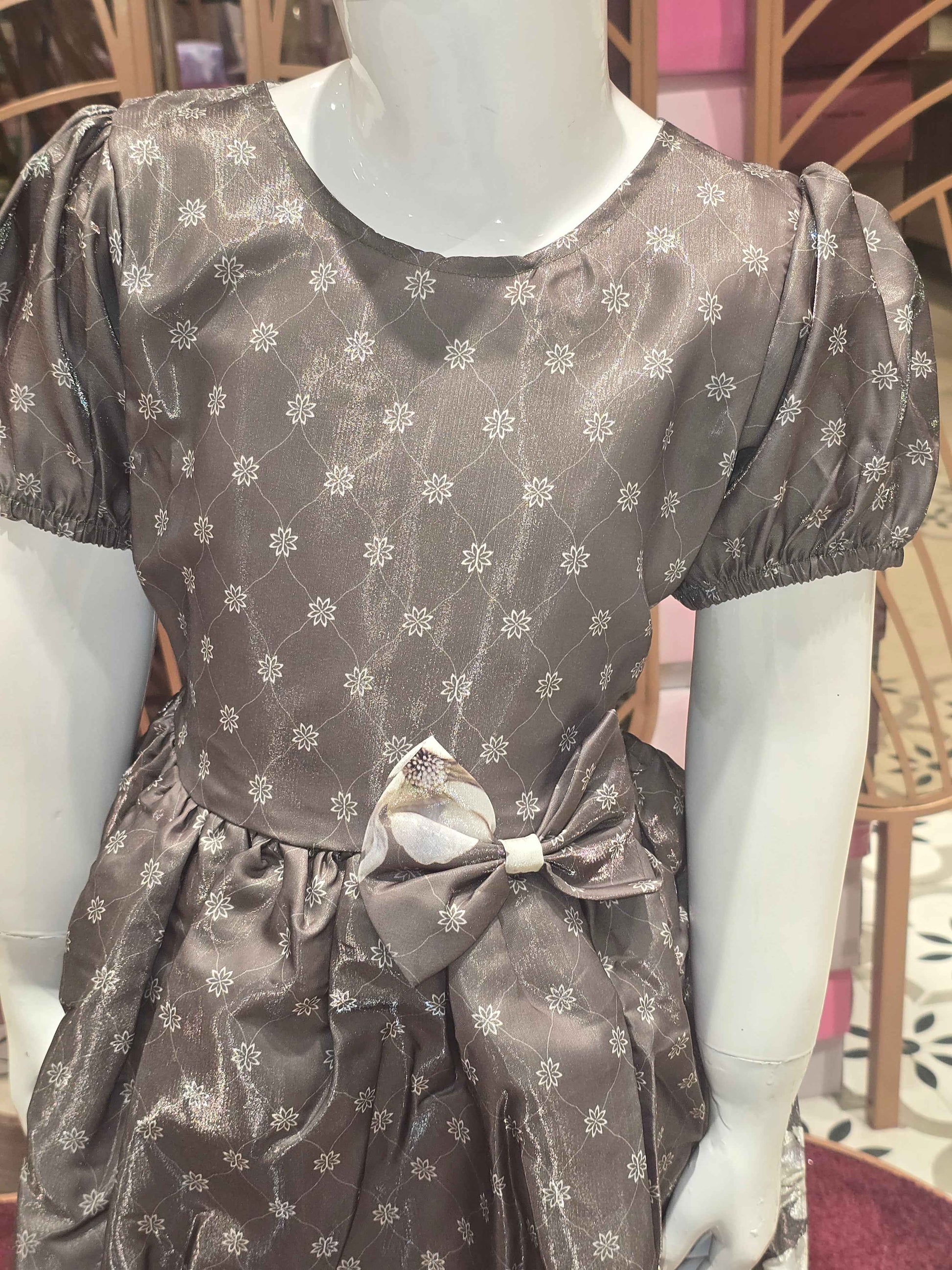 Girl Mehndi Green Printed Satin Short Frock