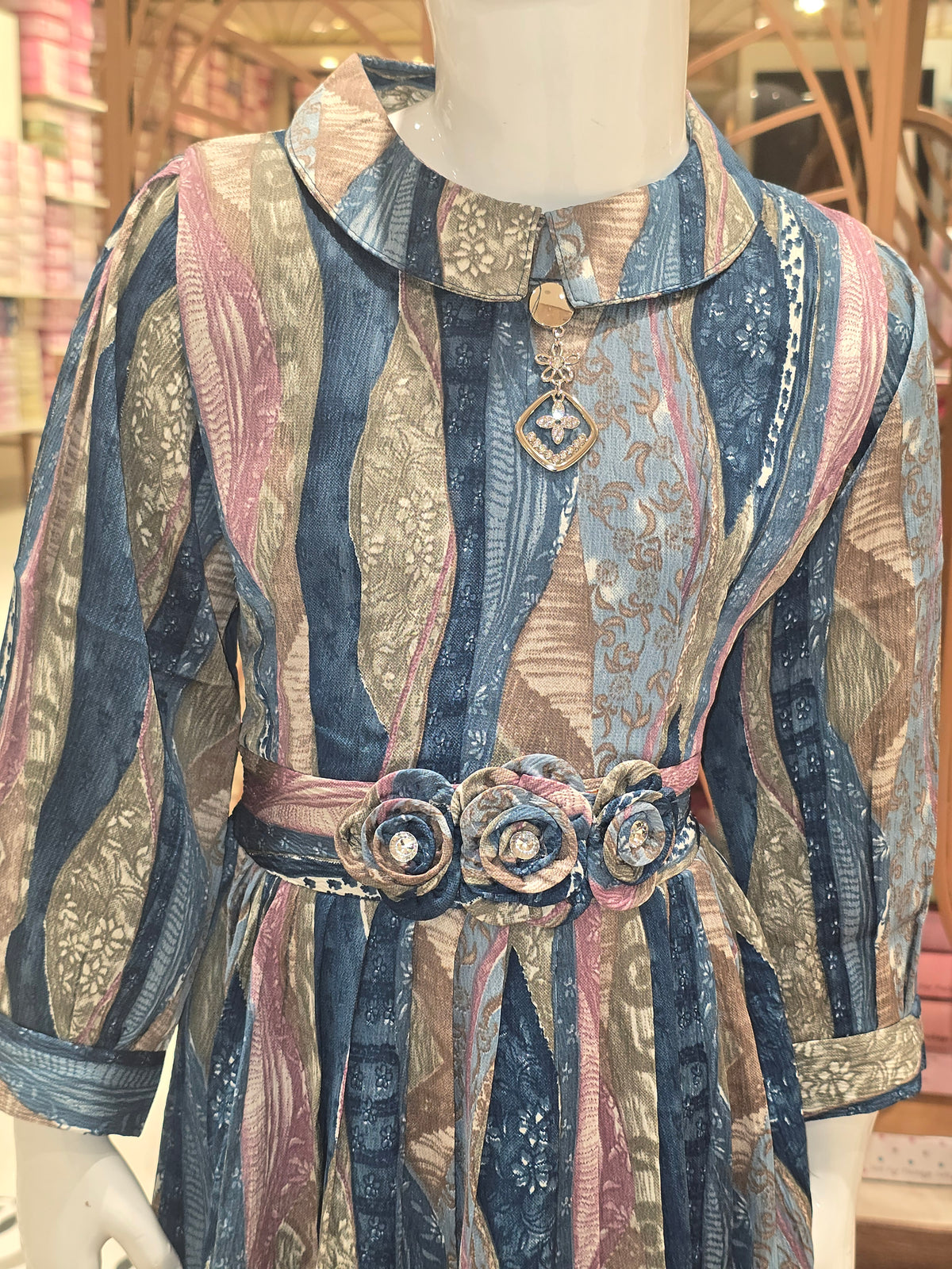Girls Steel Blue Multi Colour Printed Crepe Short Frock with Rose Waist Detail