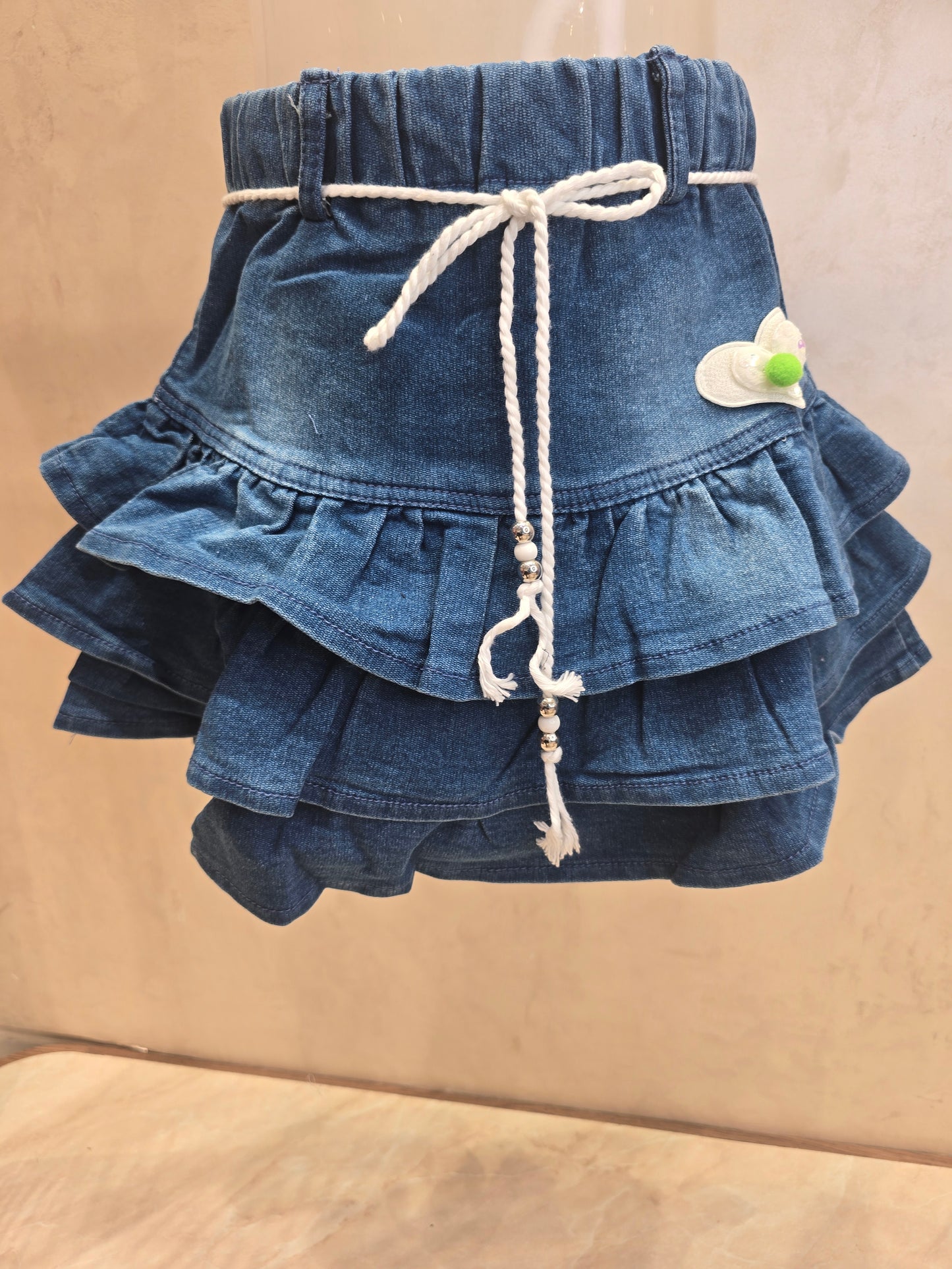 Blue Denim Lycra Skirt for Girls with Side Bow Design, White Knitted Lace Detailing and Elastic Waistband