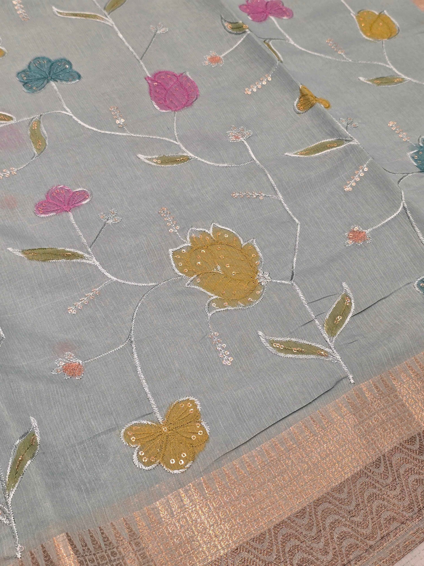 Tussar Saree with Multicolour Embroidery & Sequin