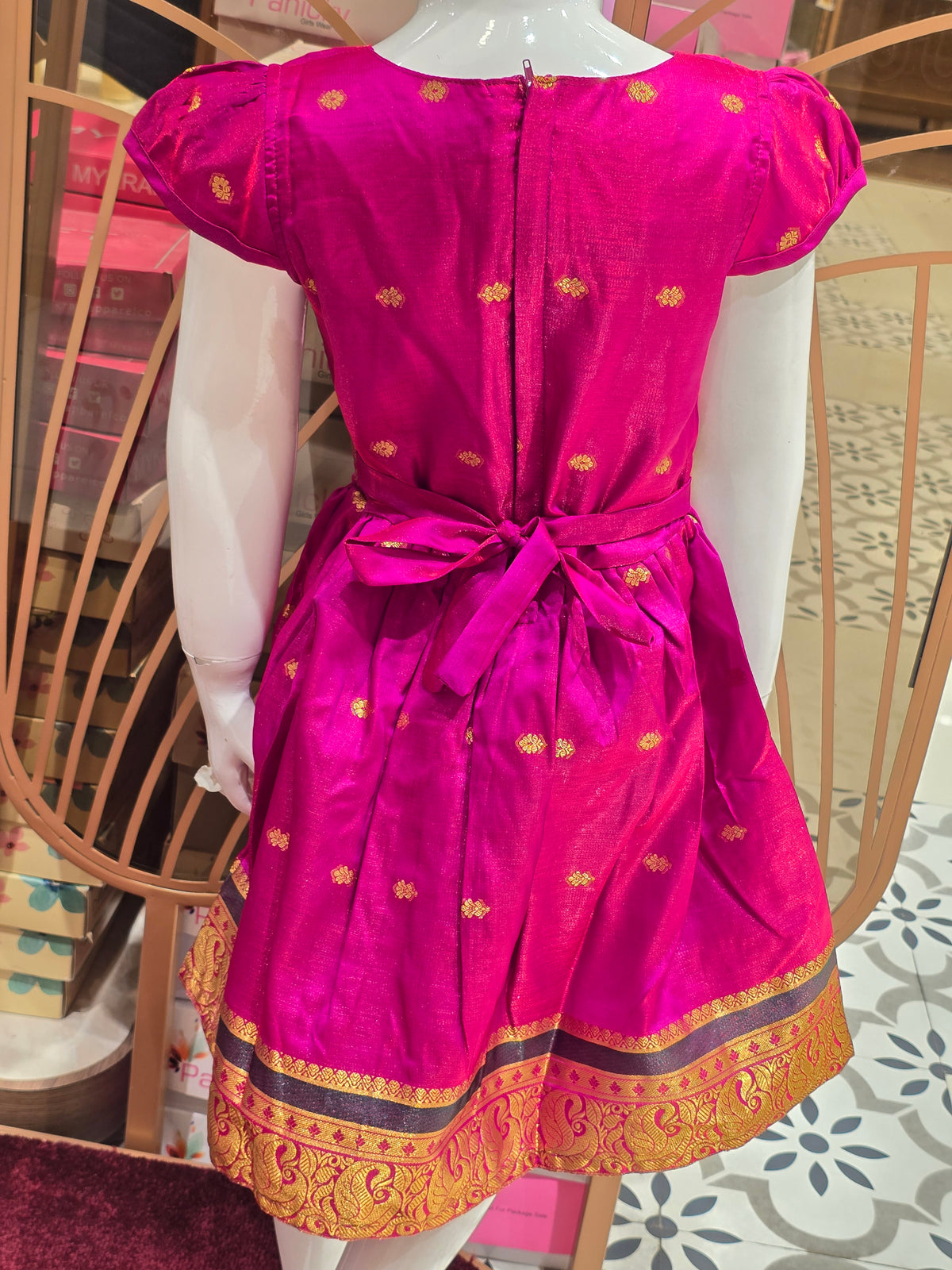 Pink South Indian Pattu Pavadai Style Cotton Frock for Girls