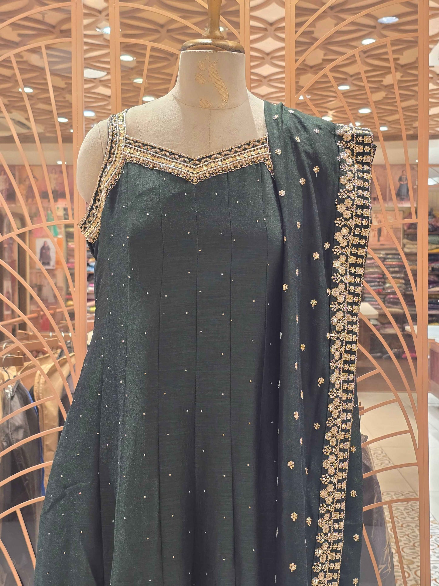 Silk mix Material bottle green colour anarkali kurta with grand dupatta