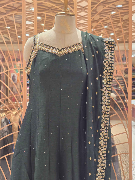 Silk mix Material bottle green colour anarkali kurta with grand dupatta