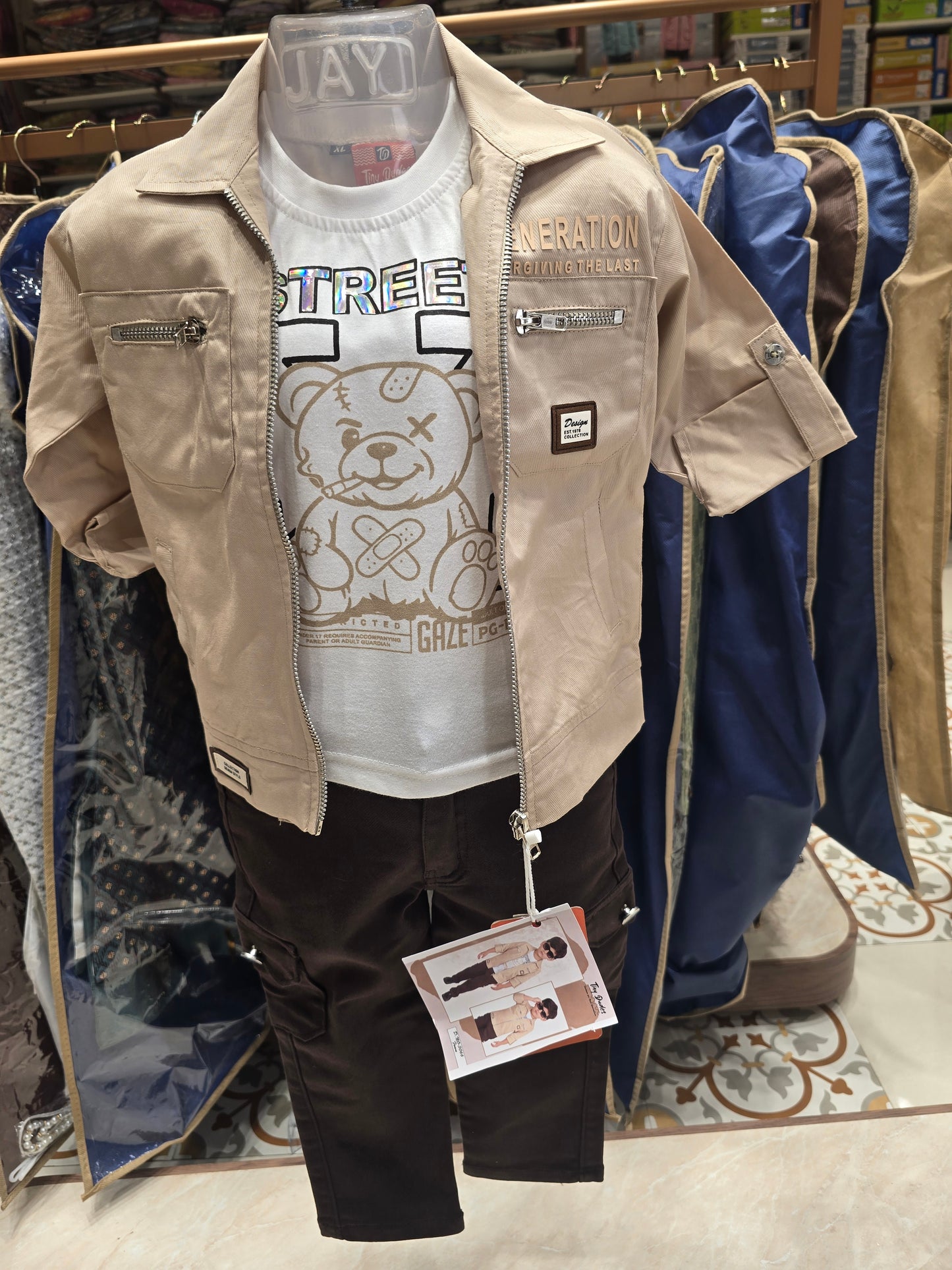Boys Lycra Cotton 3 Piece Summer Wear Set in Cream with Printed Inner T-Shirt and Black Cargo Pant for Casual and Everyday Wear
