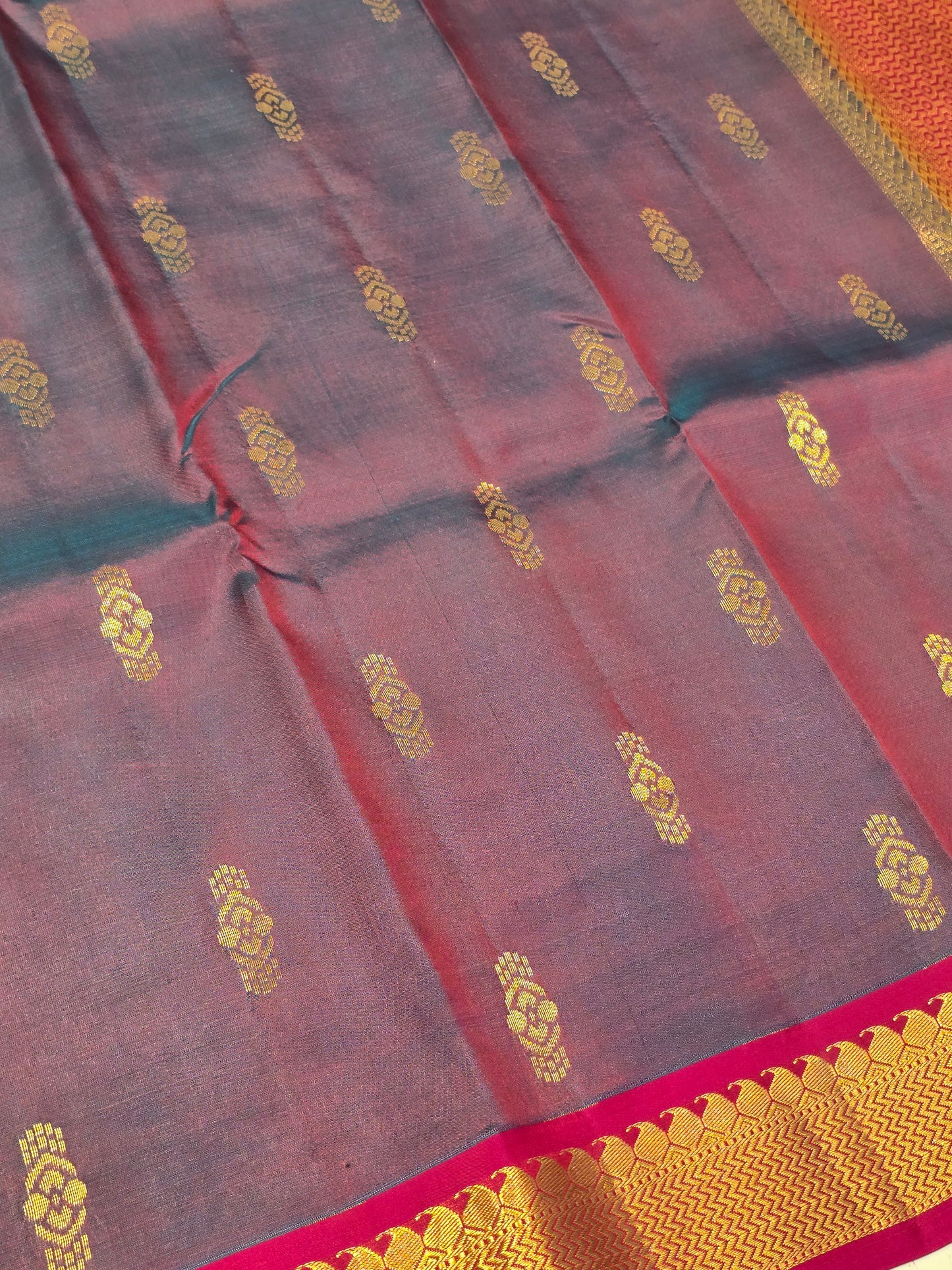 Pure Handloom Kanjivaram Silk Saree in Peacock Blue with Fancy Butta Body, Gatti Mango and Zigzag Border, Rich Pallu for Wedding and Festive Occasions