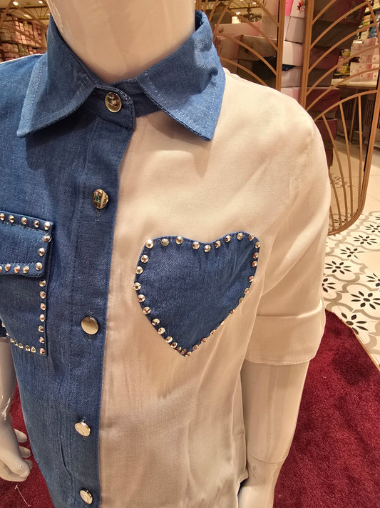 Denim Cotton Blue & White Western Set for Girls with Stone Heart Design, Steel Buttons & Folded Sleeves (2-Piece)