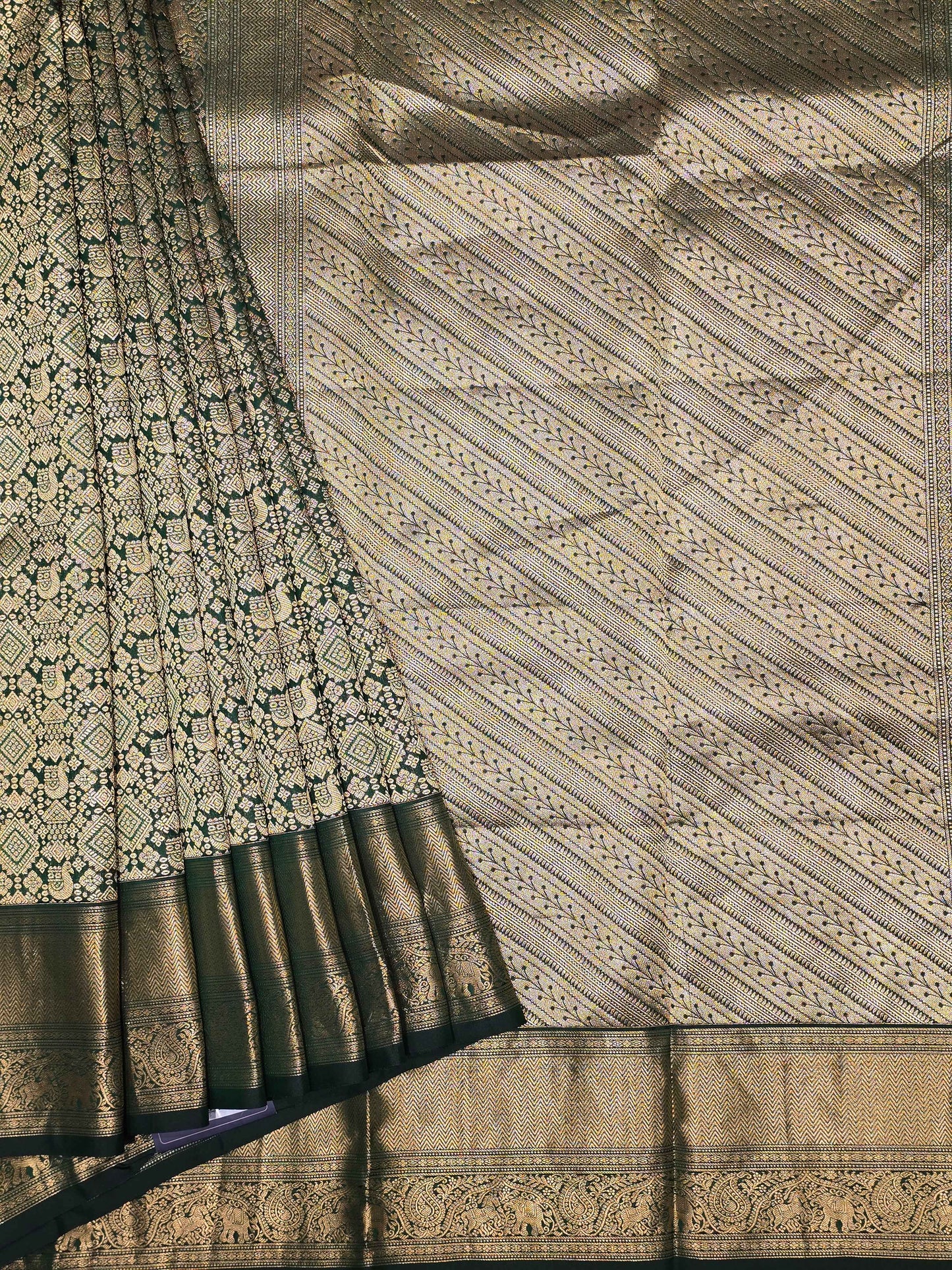 Handloom kanjivaram brocade silk bottle green colour and rich pallu