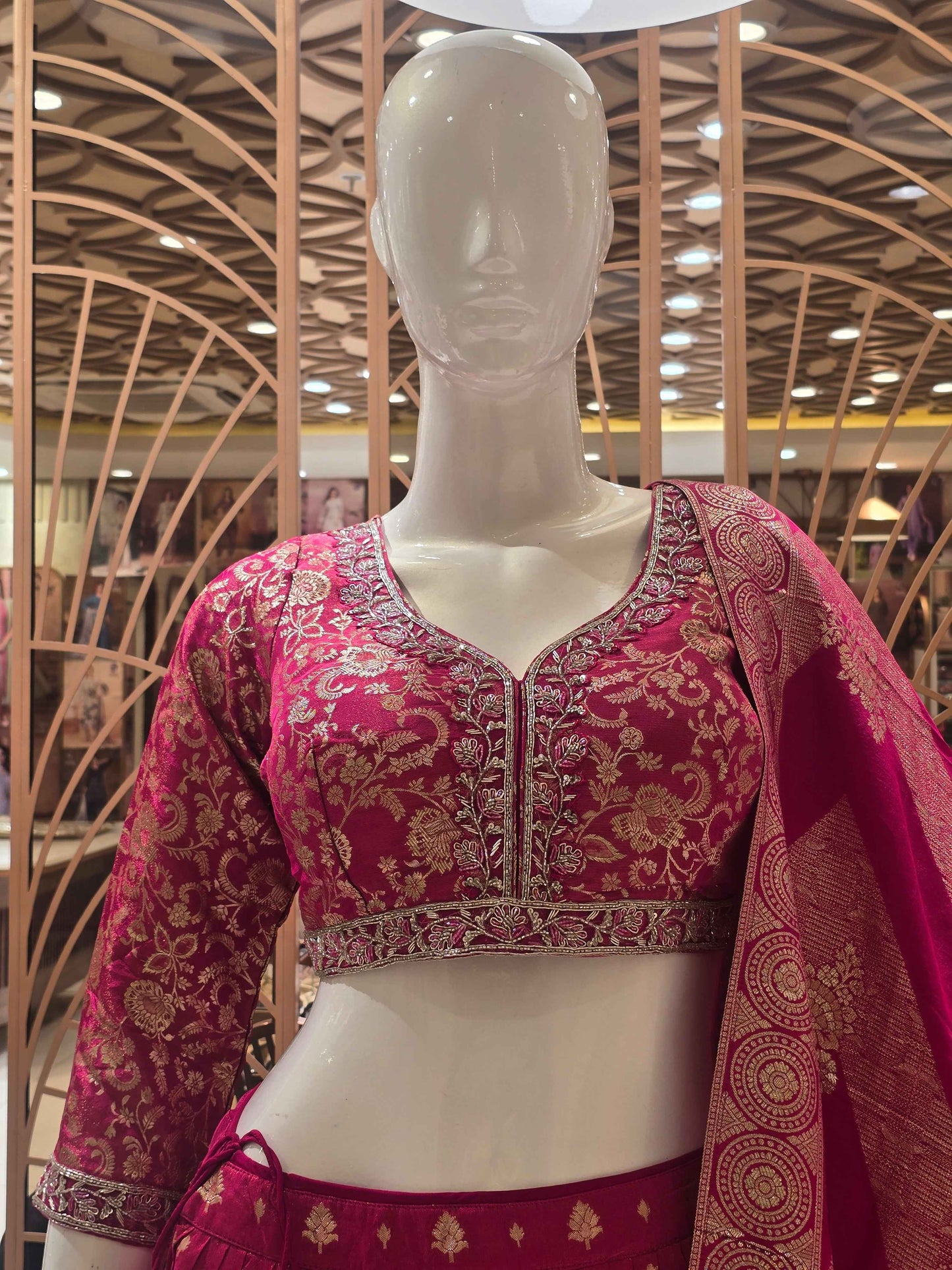 Women Rani Pink Pure Banarasi Lehenga Set