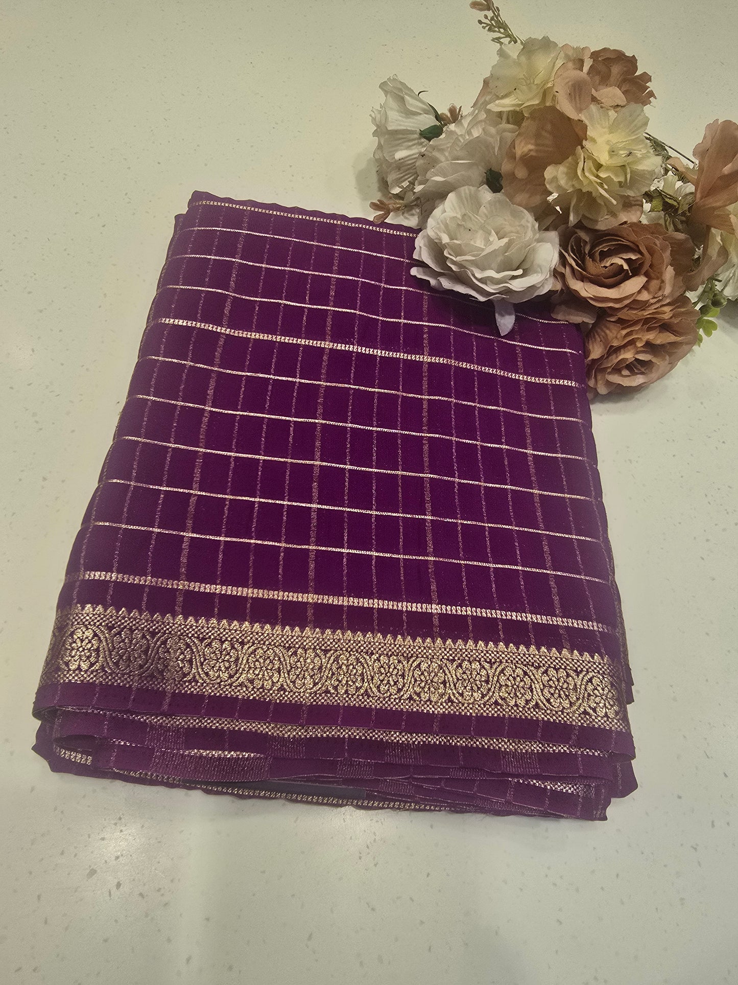 Semi Crepe Silk Saree with Checked Pattern, Small Traditional Border & Rich Pallu | Festive & Traditional Wear