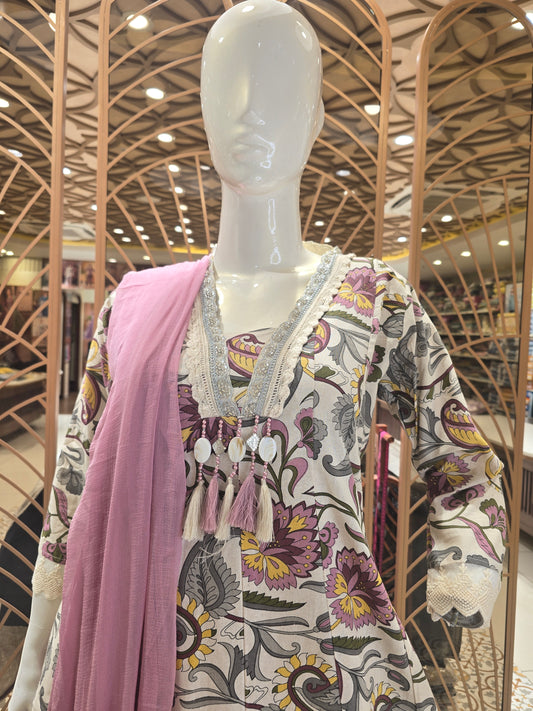 Cream Linen Cotton Anarkali Kurti Set for Women with Floral Print, Thread Work Detailing and Chiffon Veil Dupatta