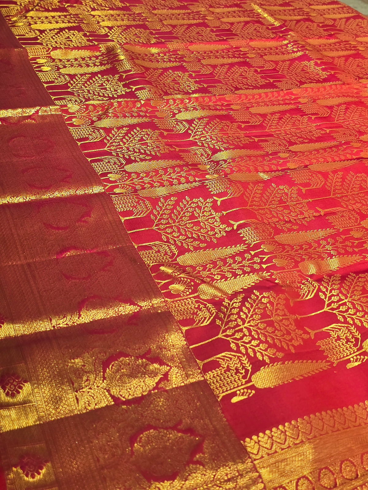 Exclusive Handloom Pure Brocade Kanjivaram Silk Saree in Maroon with Traditional Designs, Long Gold Zari Border and Rich Pallu for Wedding Wear