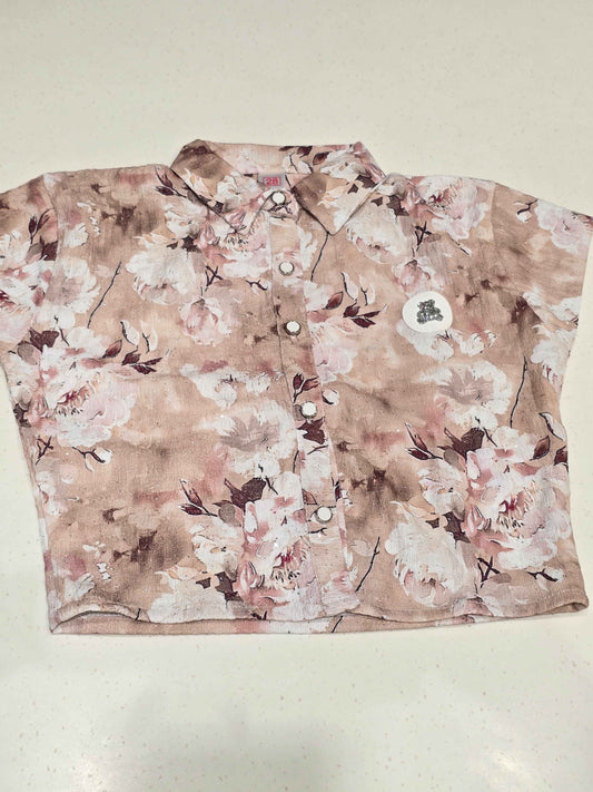 Vintage Blush Pink Floral Print Cropped Shirt for Girls
