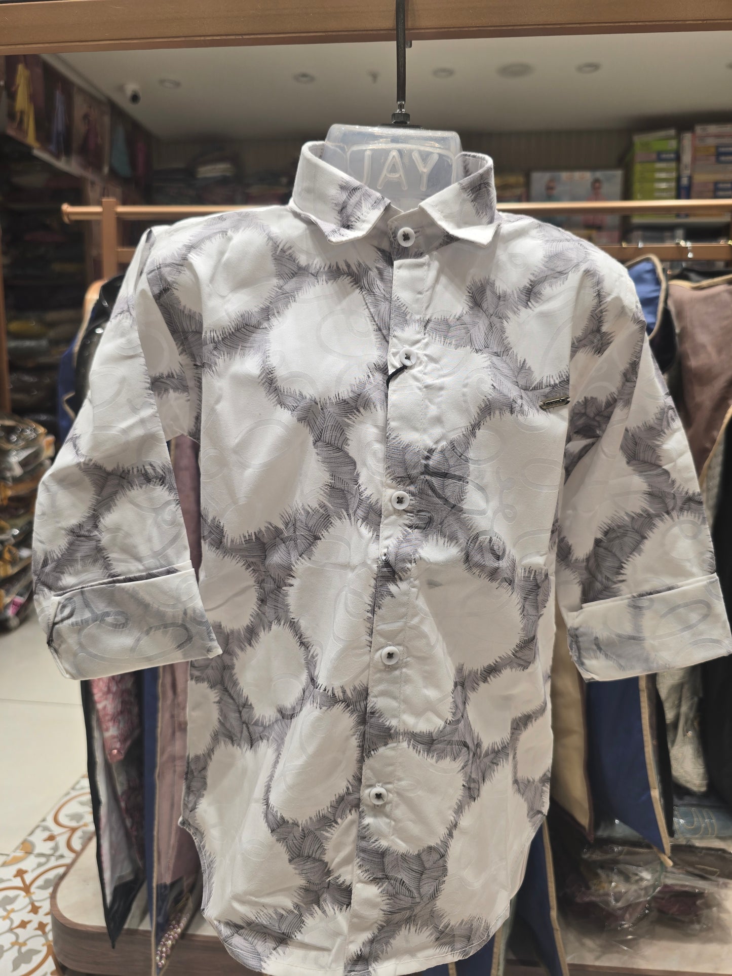 White Cotton Shirt for Boys with Grey Printed Design, Full Sleeves and Classic Collared Neck