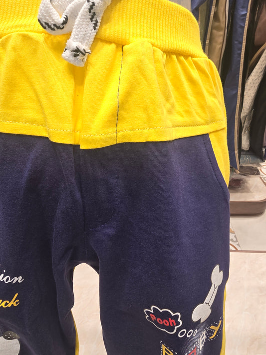 Yellow Cotton Shorts for Boys with Blue Rubber Print Design and Round Elastic Waistband for Summer Wear